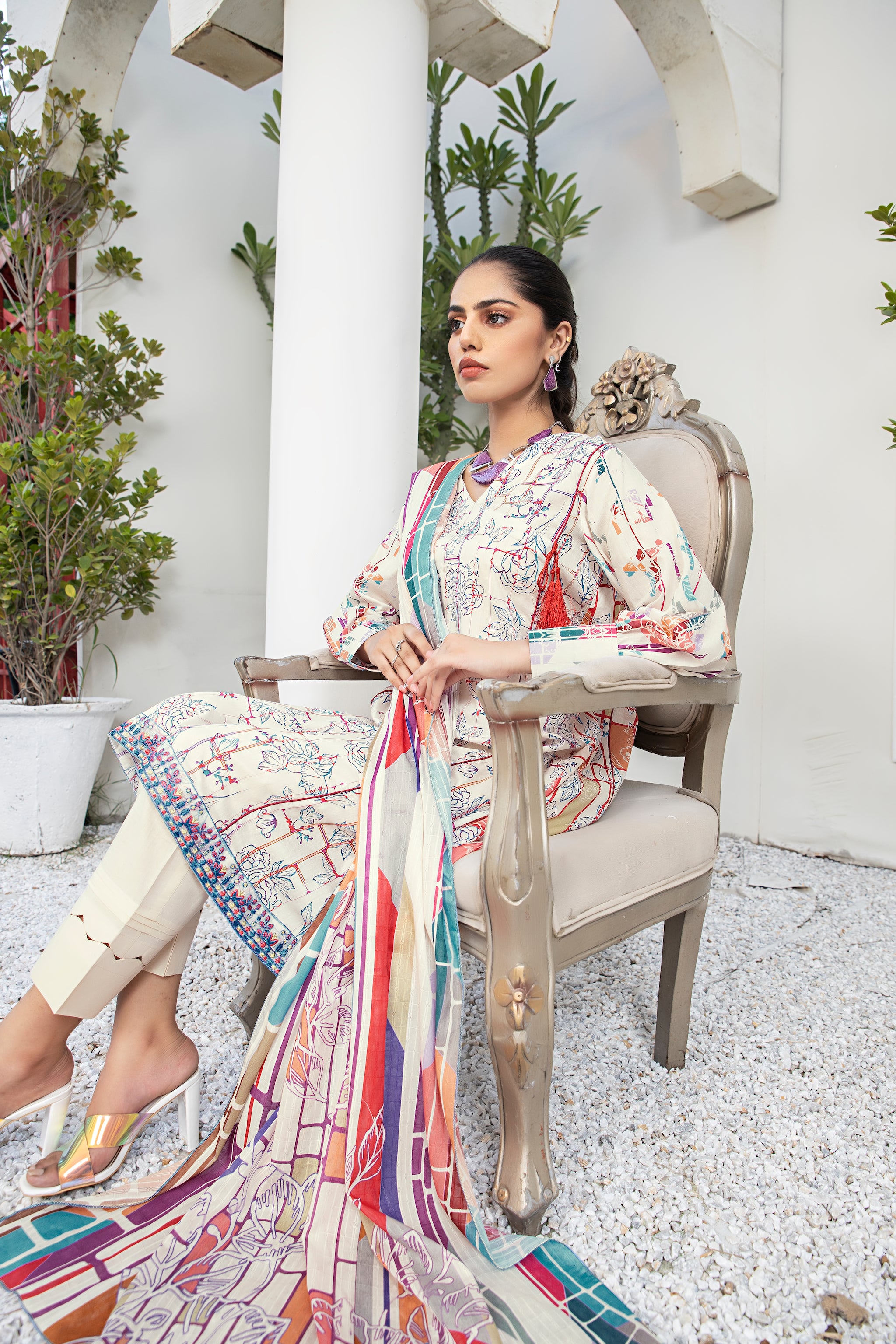 3 Piece Multi White Unstitched Embroidered Lawn - (Vol-69/20)3P-S-24-D-10 - SAFANOOR