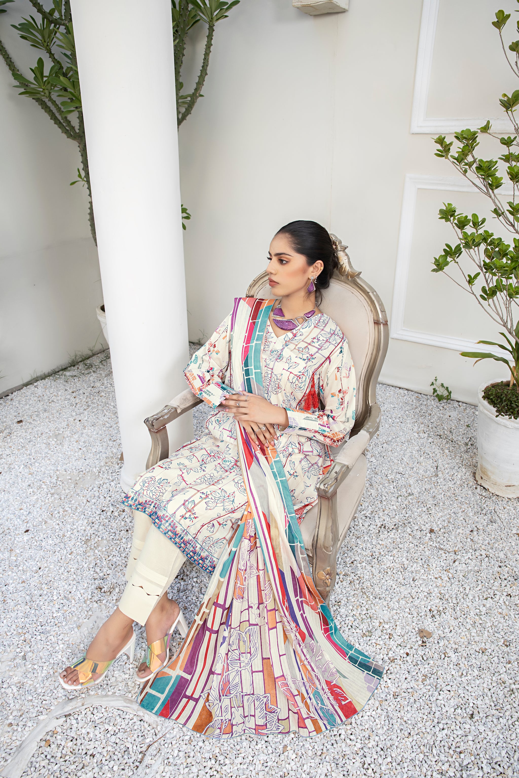 3 Piece Multi White Unstitched Embroidered Lawn - (Vol-69/20)3P-S-24-D-10 - SAFANOOR