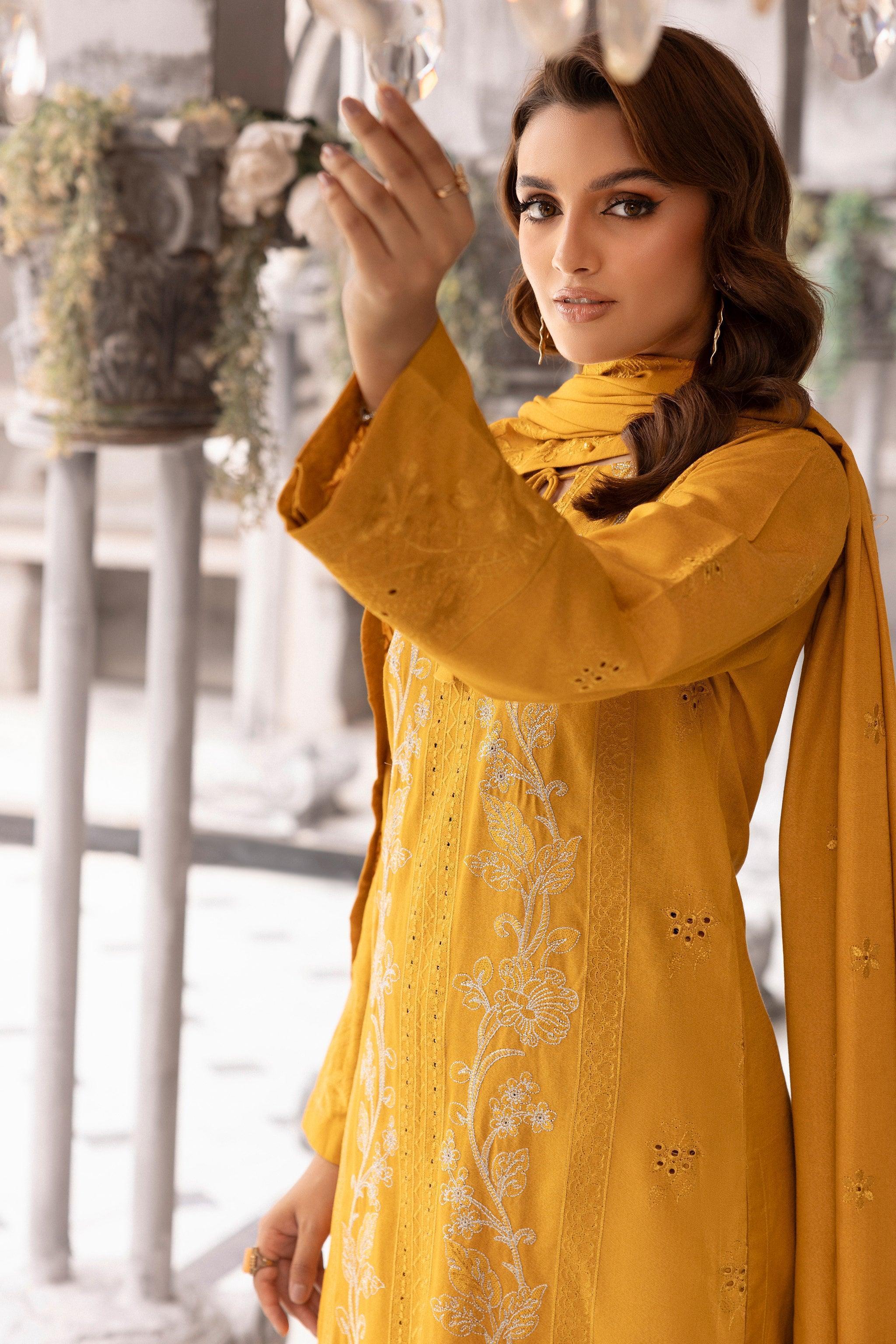 3 Piece Mustard Embroidered Karandi Unstitched - SafaNoor