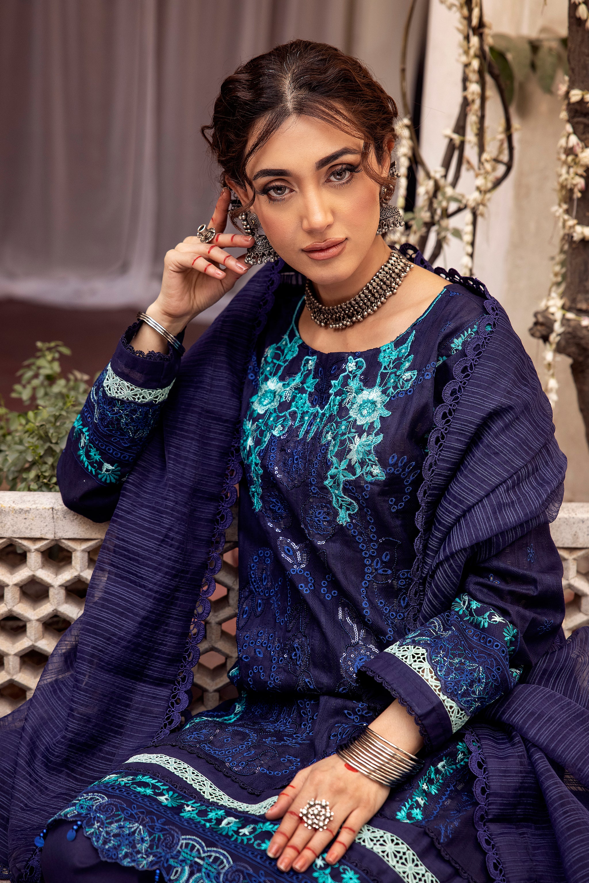 3 Piece Navy Blue Embroidered Organza Lawn - (Vol-71/02)3P-S-24-D-6 - SAFANOOR