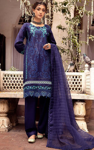 3 Piece Navy Blue Embroidered Organza Lawn - SafaNoor