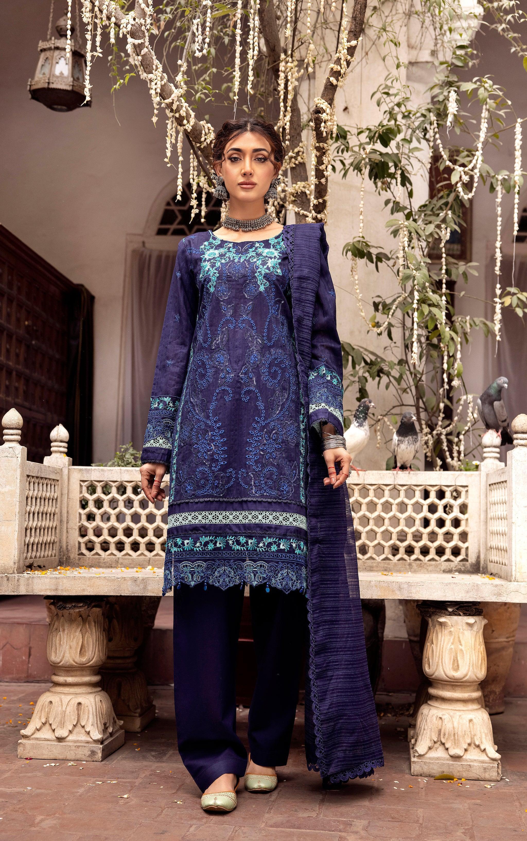 3 Piece Navy Blue Embroidered Organza Lawn - SafaNoor