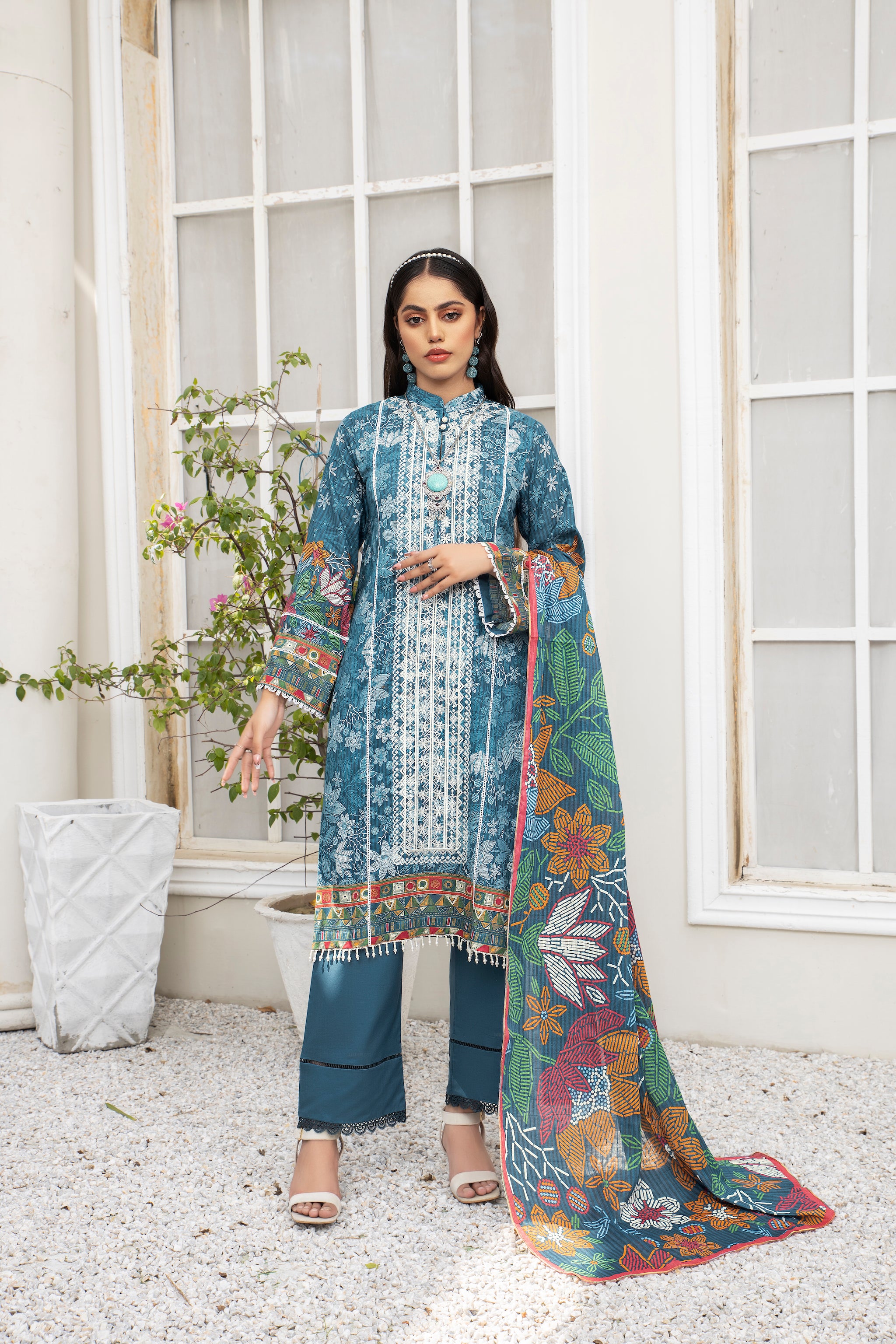 3 Piece Ocean Blue Unstitched Embroidered Lawn - (Vol-69/20)3P-S-24-D-7 - SAFANOOR