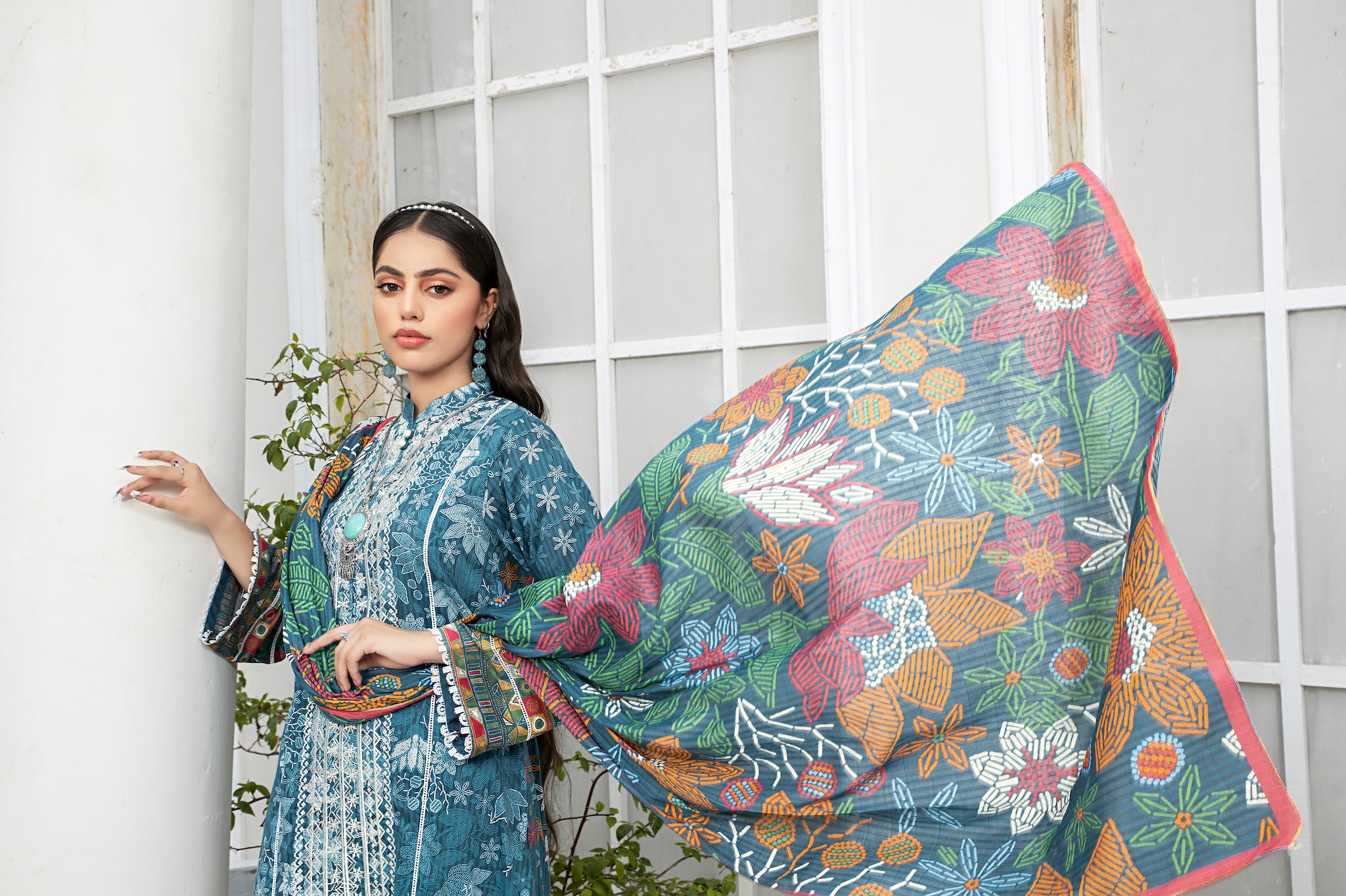 3 Piece Ocean Blue Unstitched Embroidered Lawn - (Vol-69/20)3P-S-24-D-7 - SAFANOOR