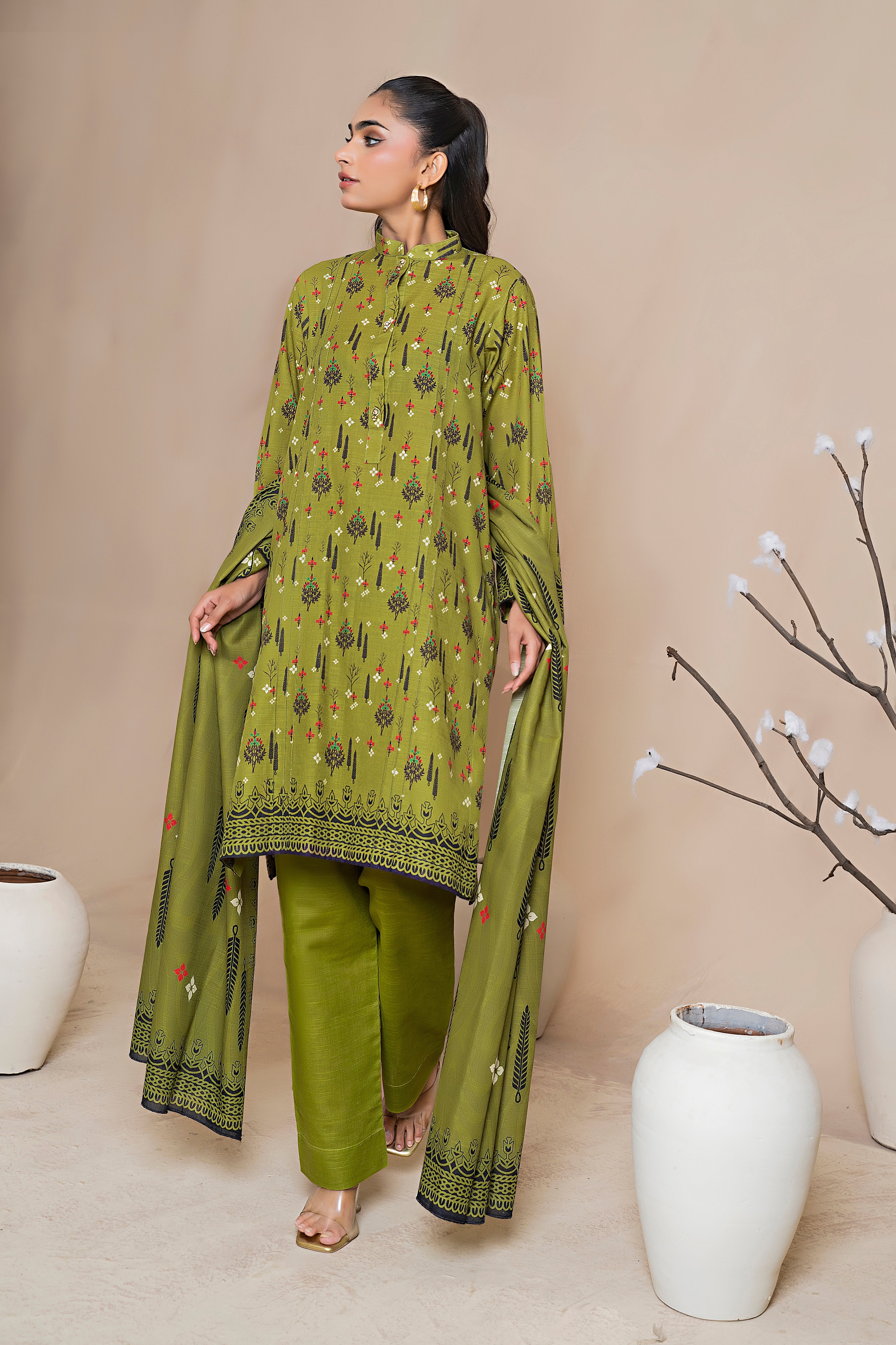 3 Piece Olive Green Khaddar Unstitched - (Vol-79/11)3P-W-24-D-7 - SAFANOOR