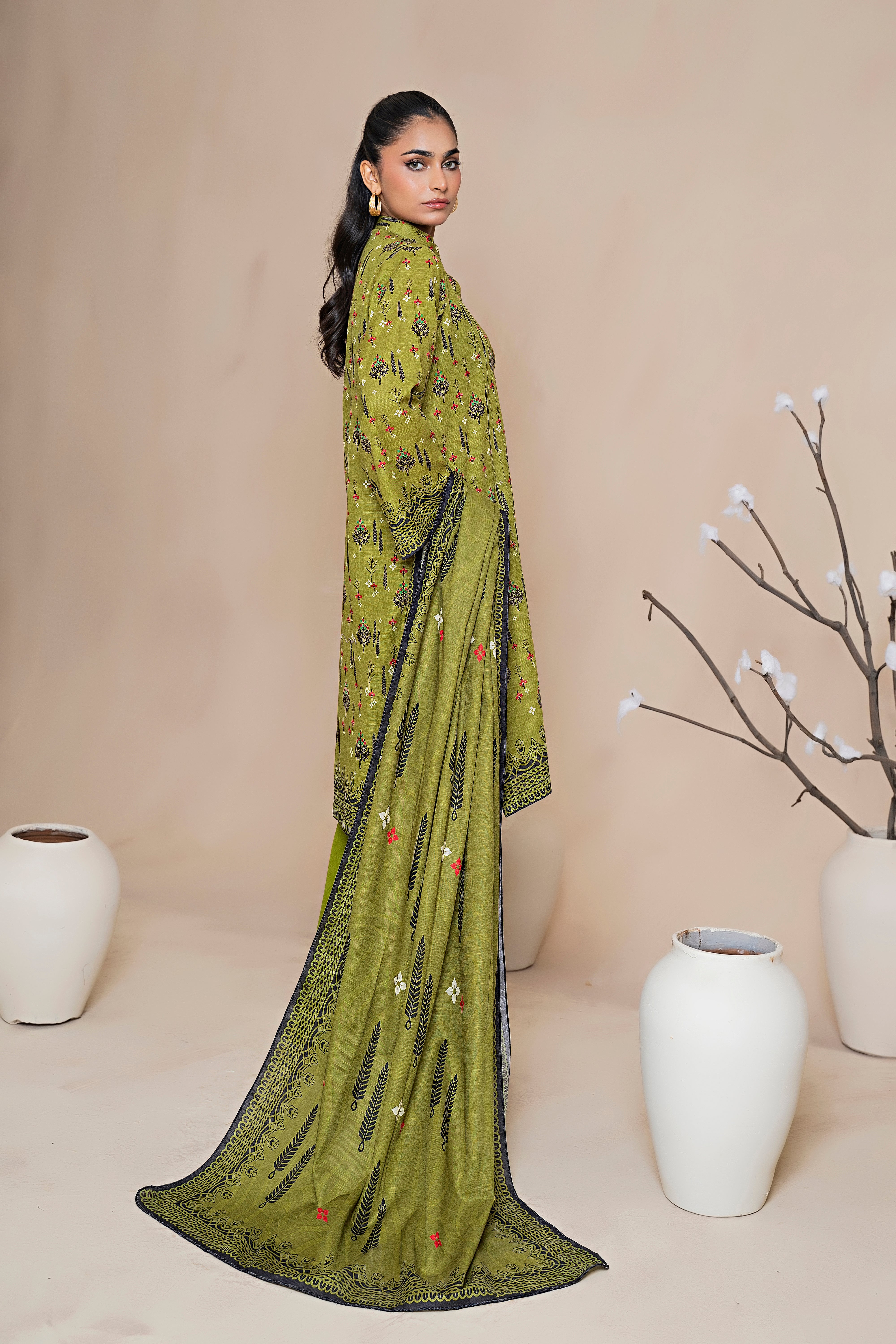 3 Piece Olive Green Khaddar Unstitched - (Vol-79/11)3P-W-24-D-7 - SAFANOOR