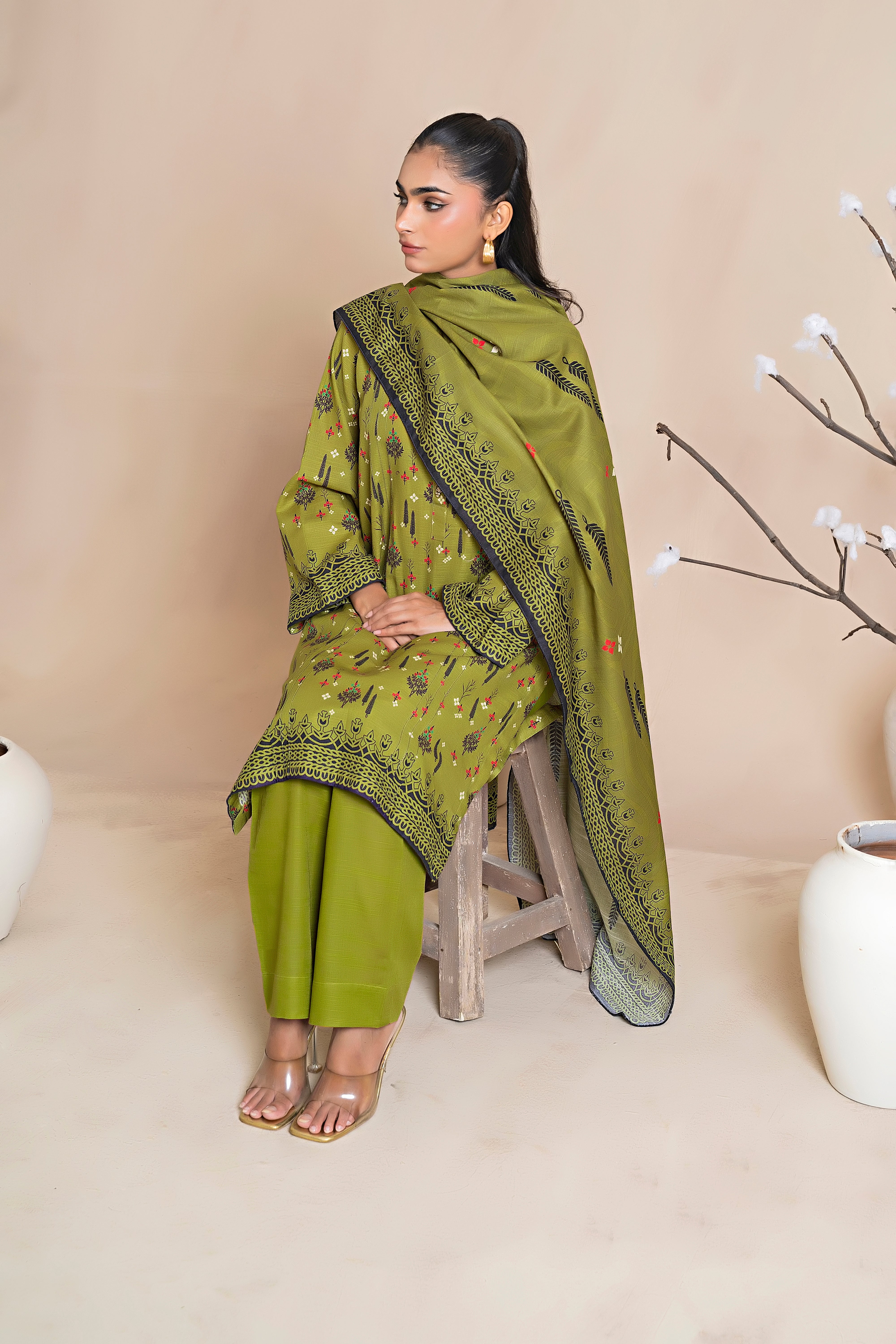 3 Piece Olive Green Khaddar Unstitched - (Vol-79/11)3P-W-24-D-7 - SAFANOOR