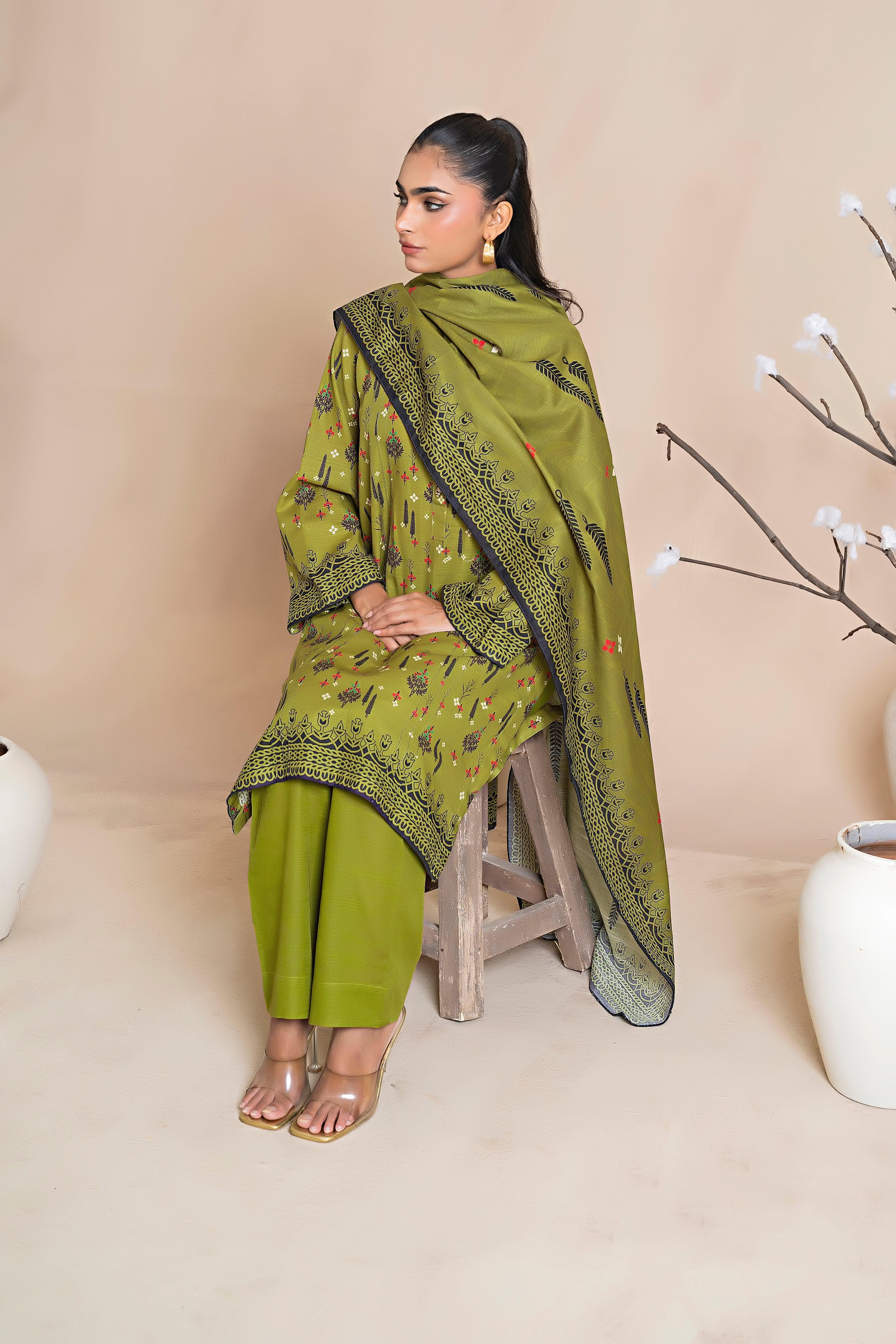3 Piece Olive Green Khaddar Unstitched - SafaNoor