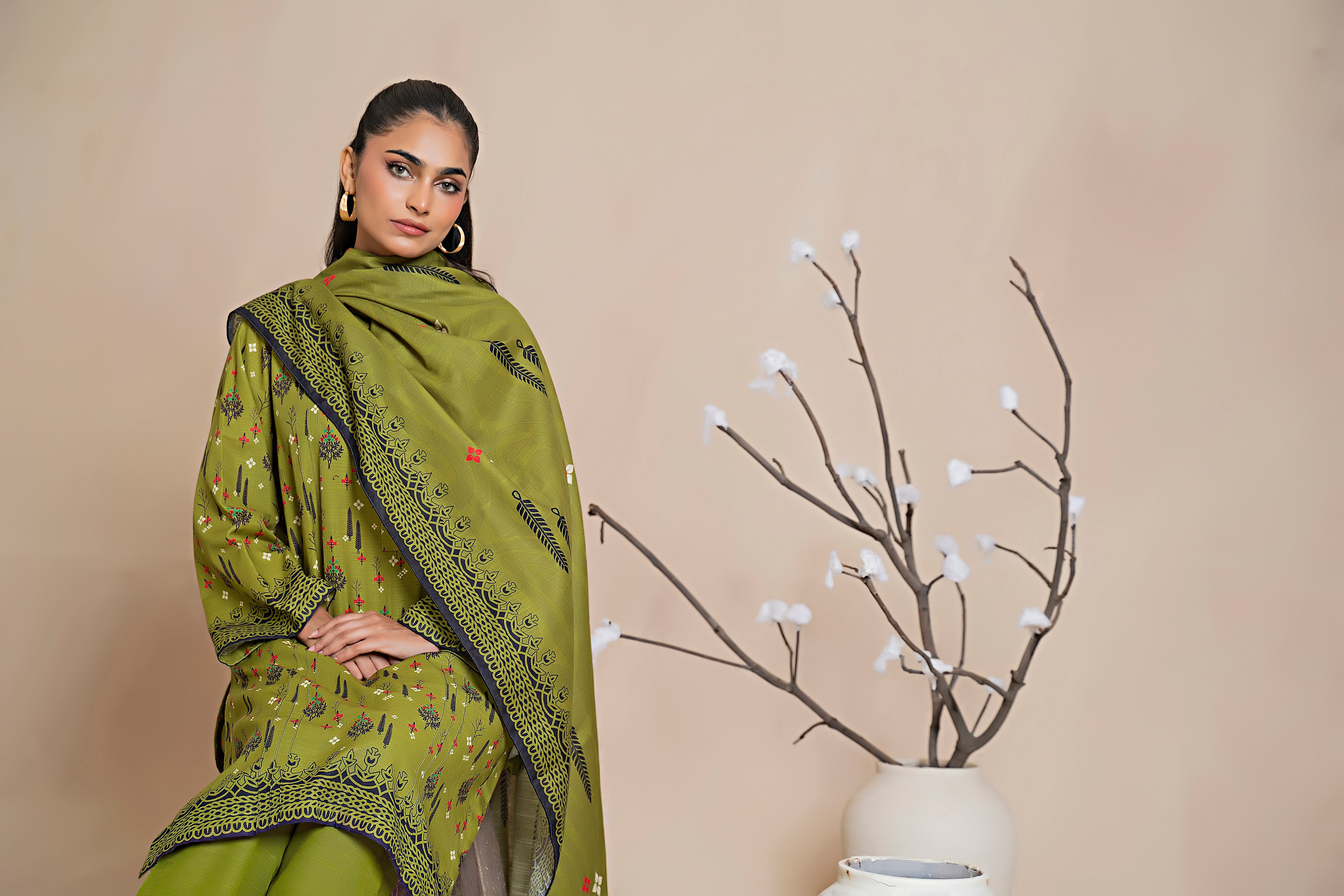 3 Piece Olive Green Khaddar Unstitched - (Vol-79/11)3P-W-24-D-7 - SAFANOOR