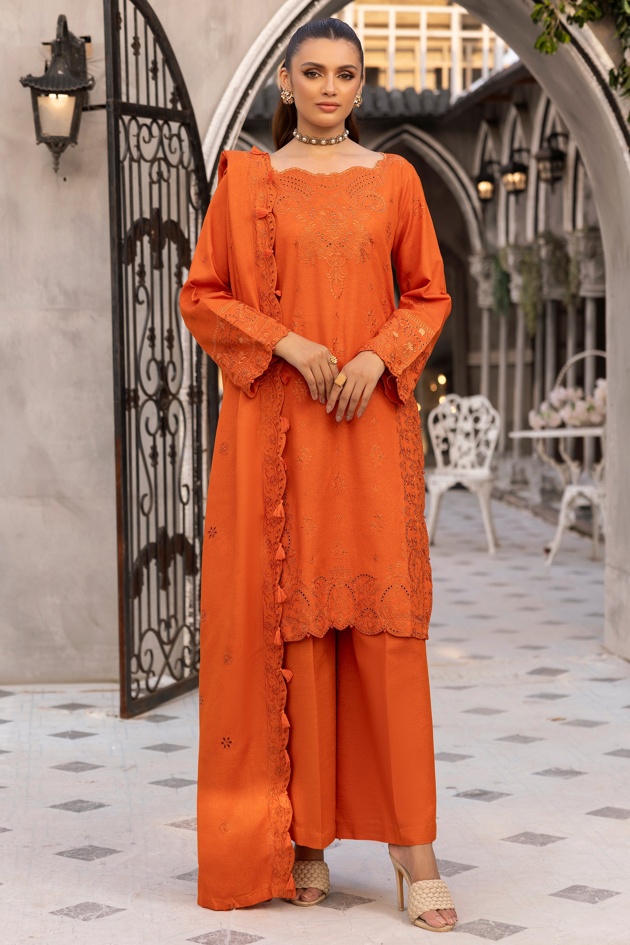 3 Piece Orange Embroidered Karandi Unstitched - (Vol-77/09)3P-W-24-D6 - SAFANOOR