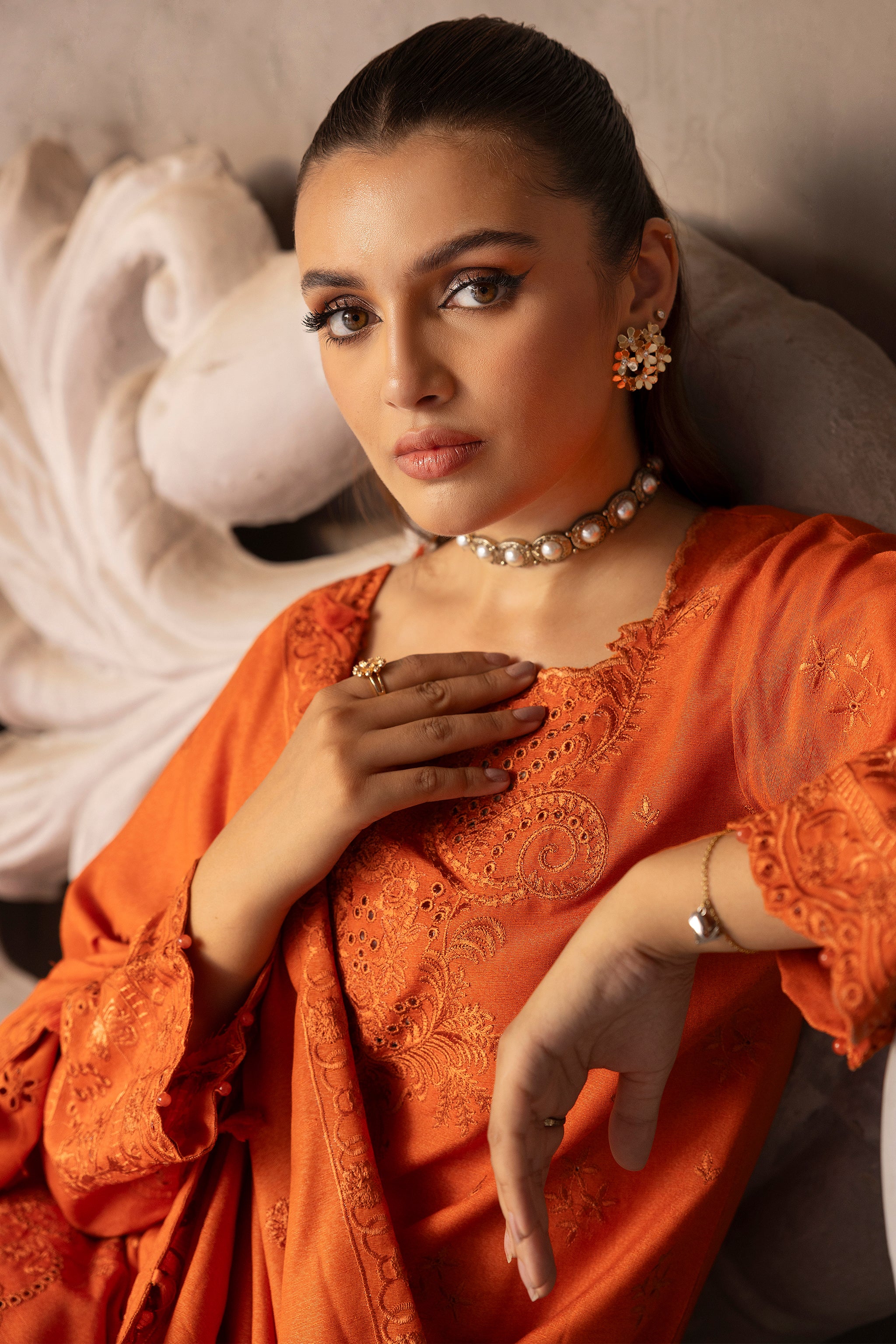 3 Piece Orange Embroidered Karandi Unstitched - (Vol-77/09)3P-W-24-D6 - SAFANOOR