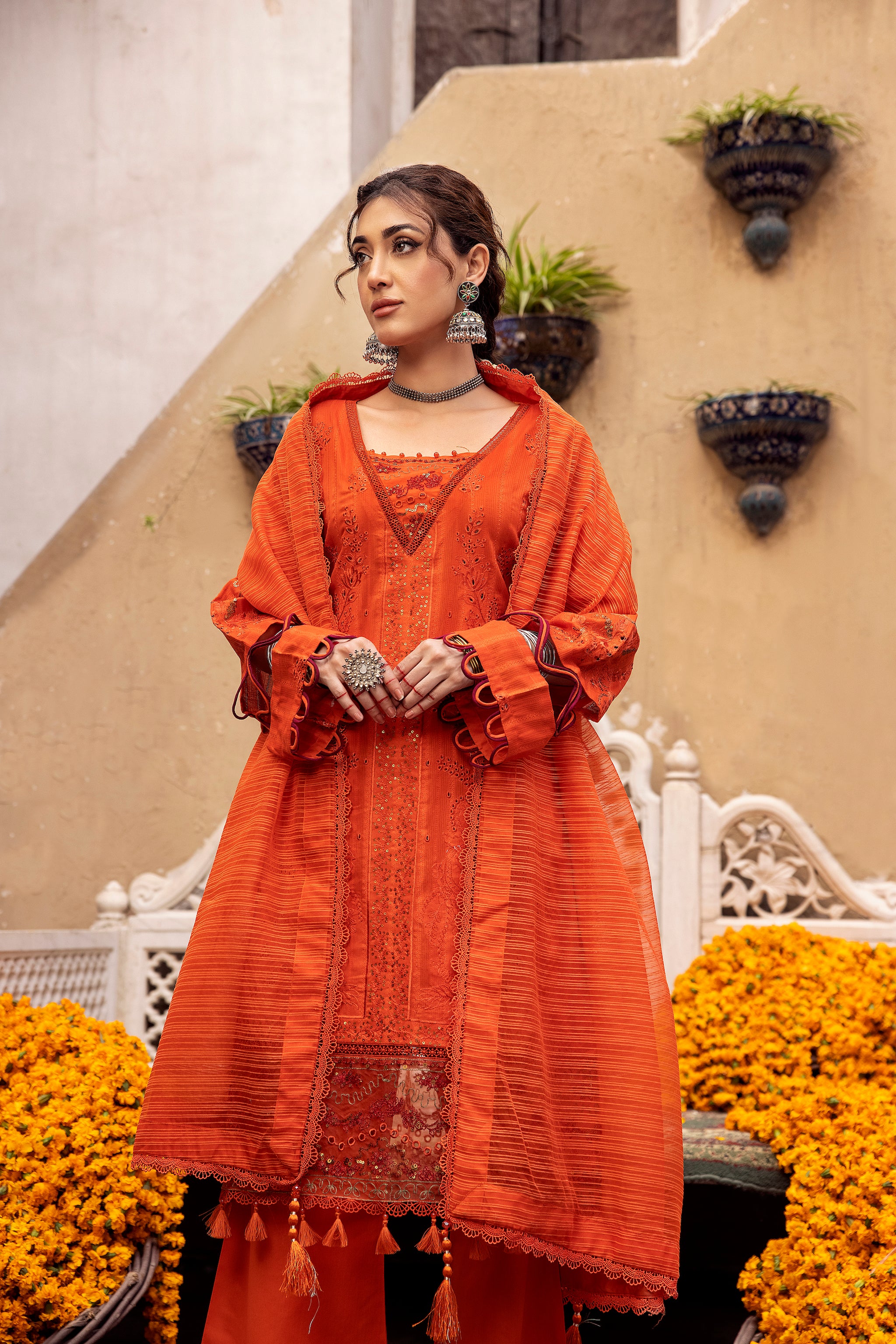 3 Piece Orange Embroidered Organza Lawn  - (Vol-71/02)3P-S-24-D-2