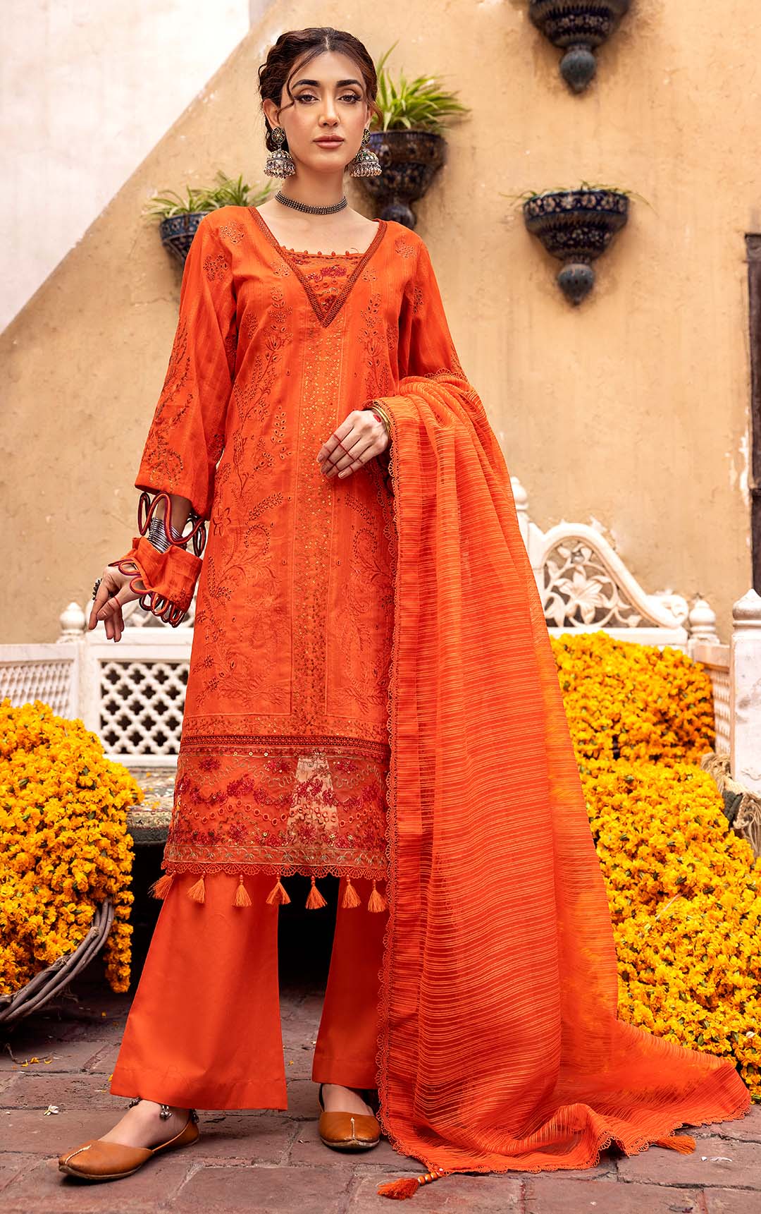 3 Piece Orange Embroidered Organza Lawn  - (Vol-71/02)3P-S-24-D-2