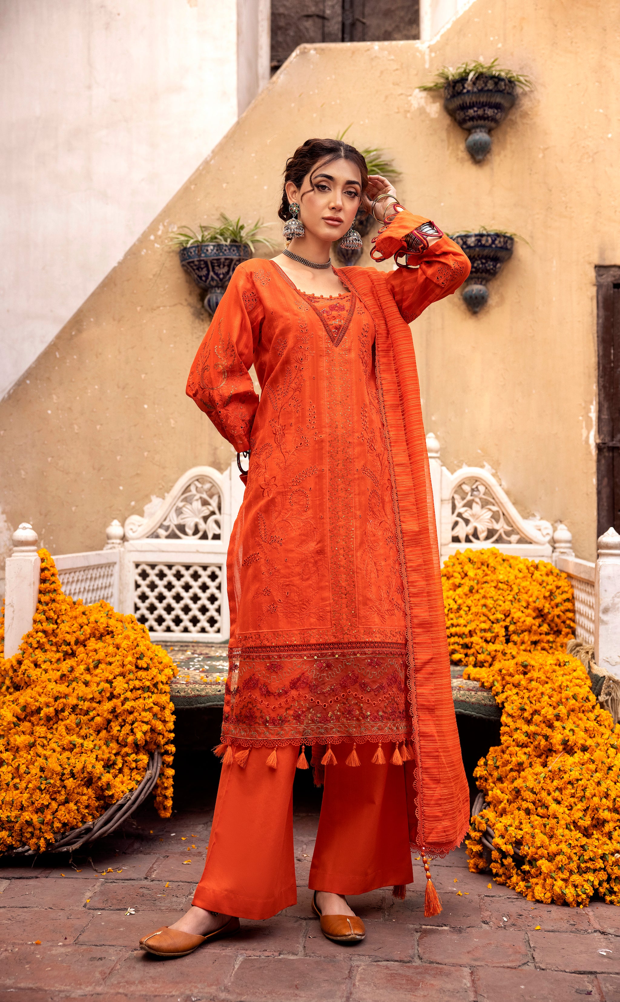 3 Piece Orange Embroidered Organza Lawn  - (Vol-71/02)3P-S-24-D-2