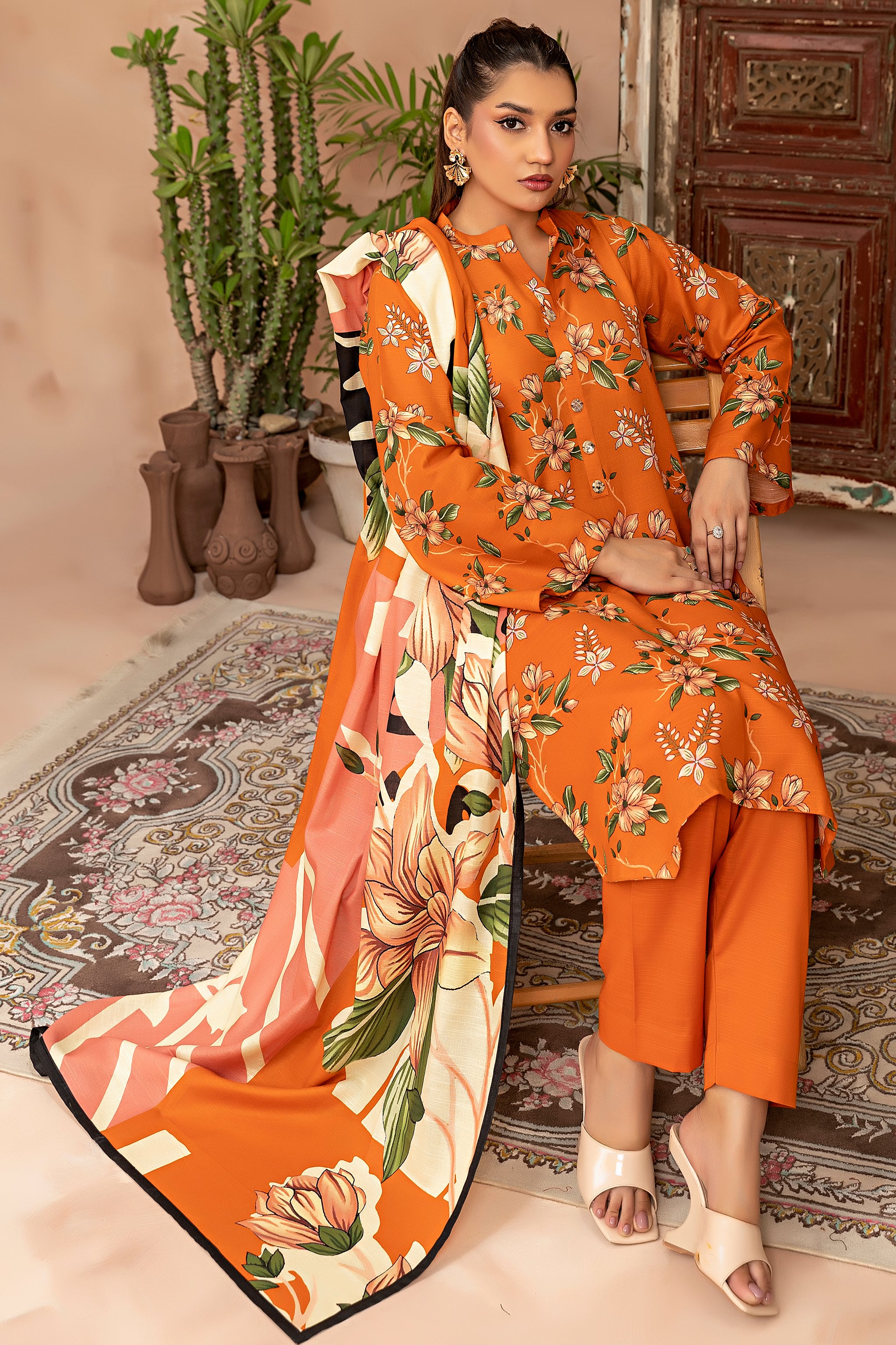 3 Piece Orange Khaddar Unstitched - (Vol-78/10)3P-W-24-D-3 - SAFANOOR