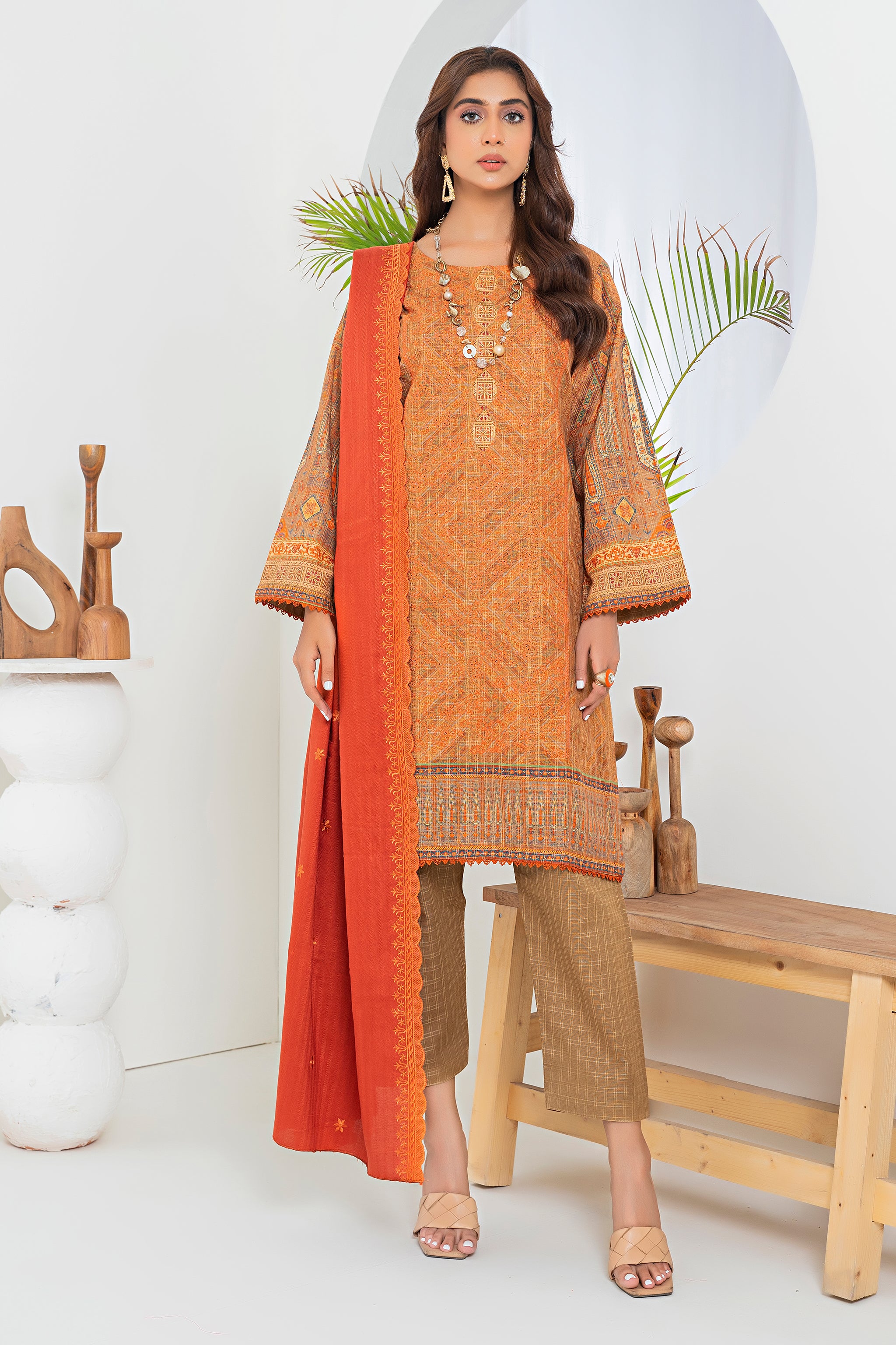 3 Piece Orange Printed Khaddar Unstitched - (Vol-80/12)3P-W-24-D12 - SAFANOOR