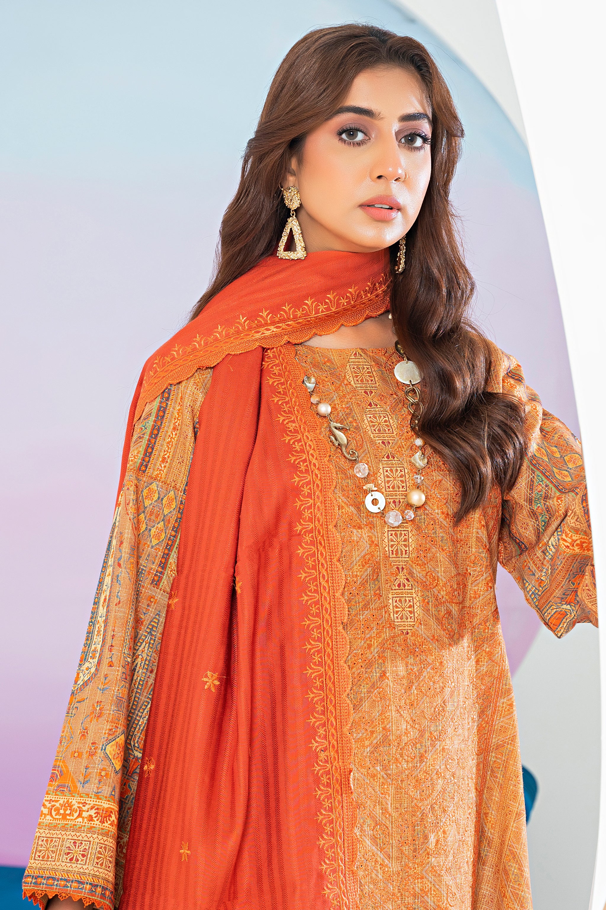 3 Piece Orange Printed Khaddar Unstitched - (Vol-80/12)3P-W-24-D12 - SAFANOOR