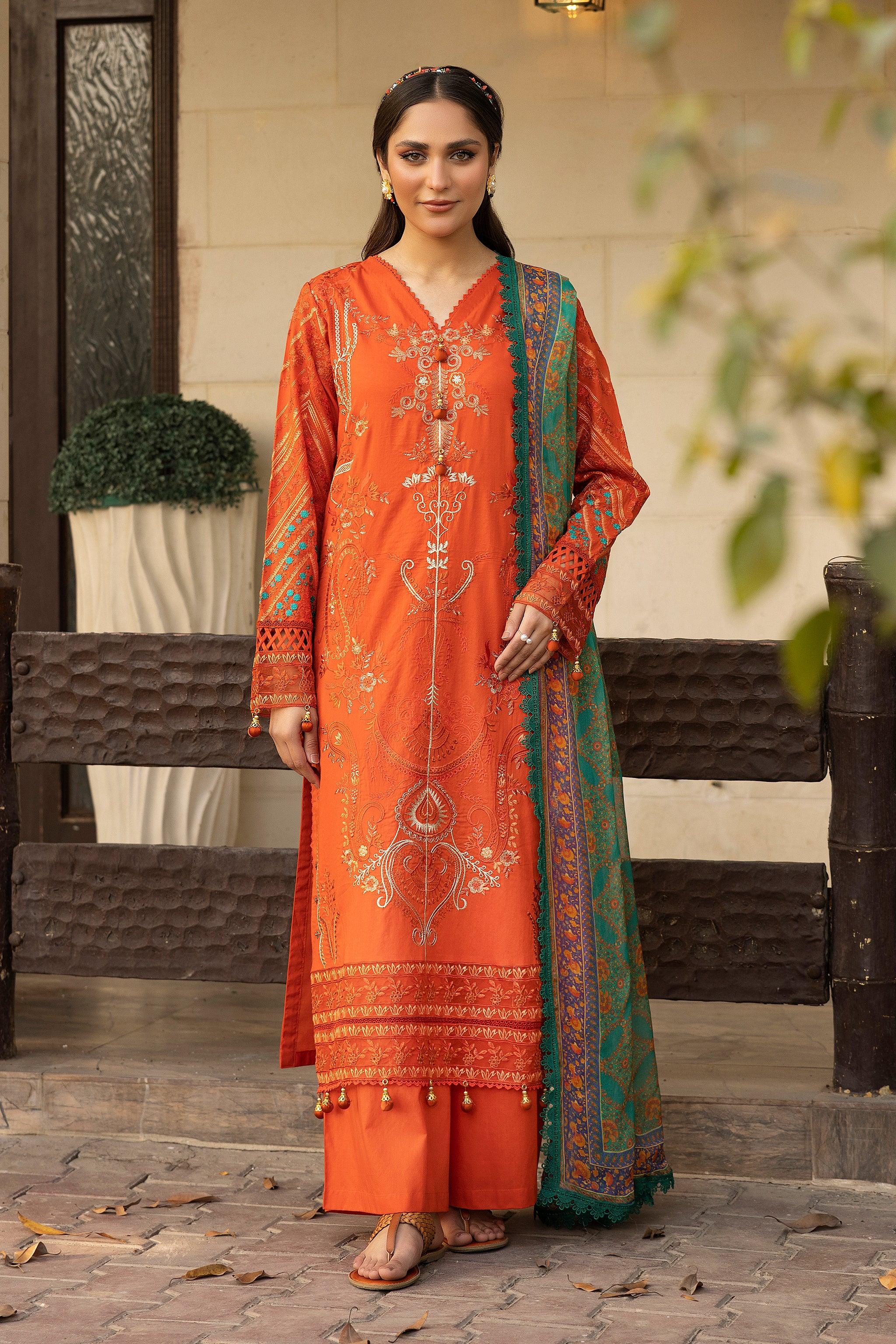3 Piece Orange Unstitched Embroidered Lawn - SafaNoor