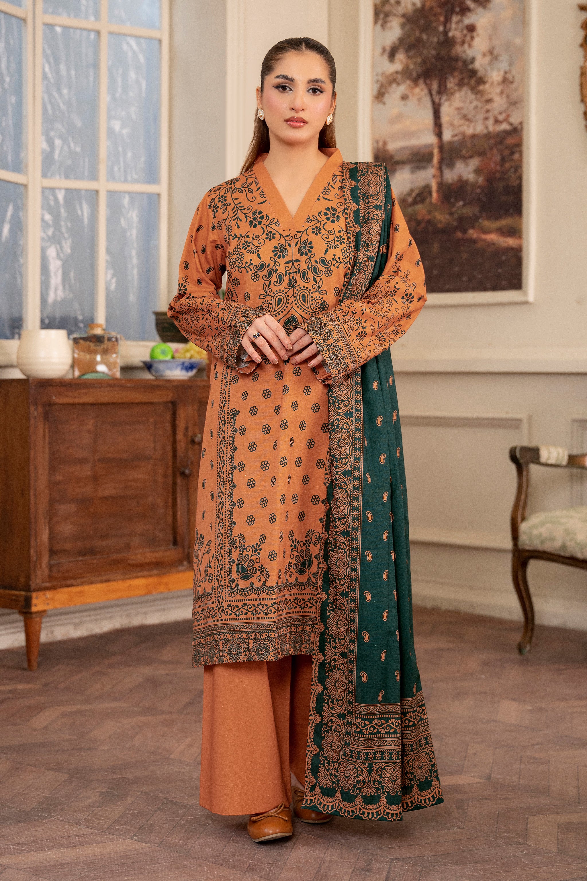 3 Piece Orange Unstitched Printed Khaddar Secondary image
