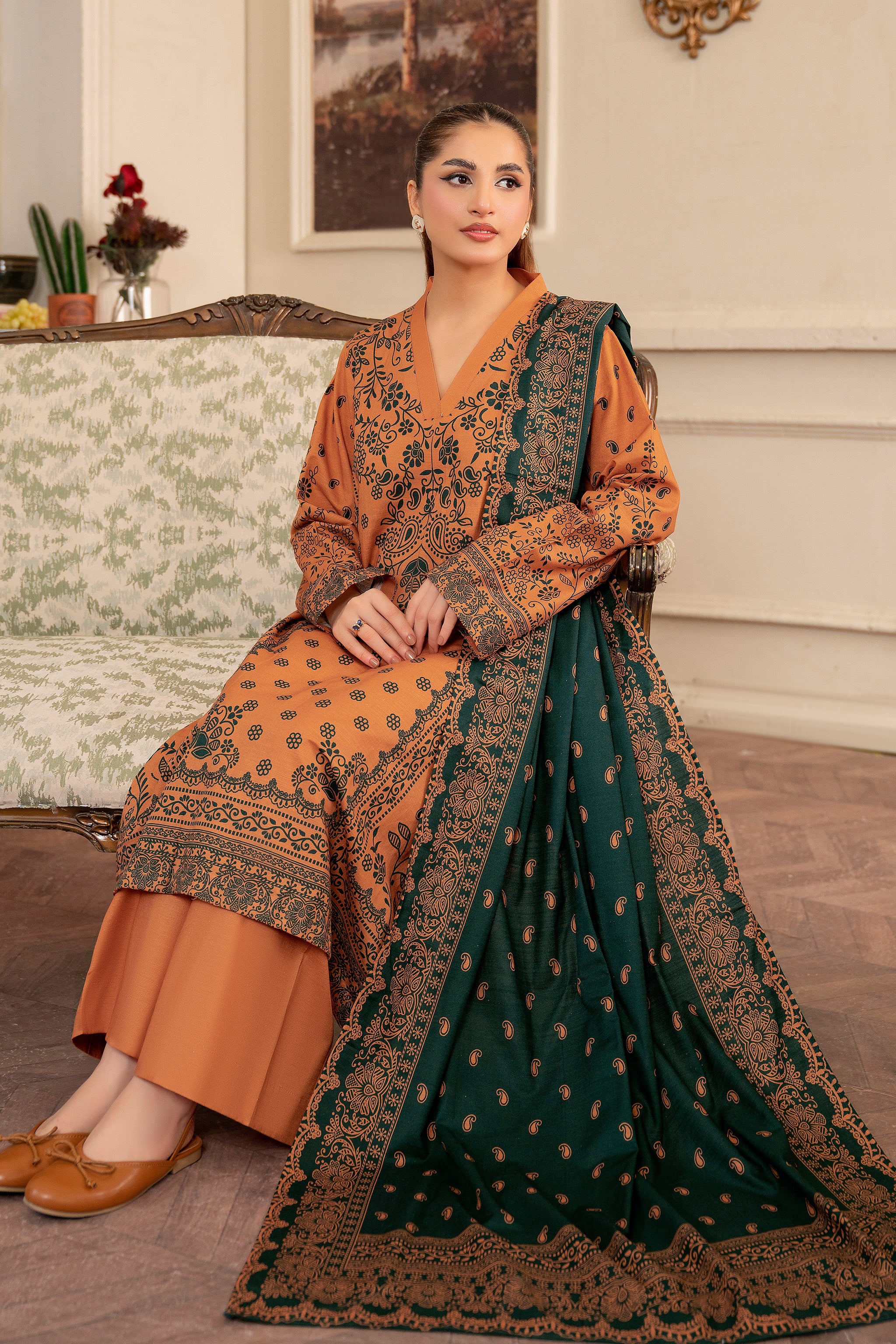 3 Piece Orange Unstitched Printed Khaddar - (Vol-109/09)D10 - SAFANOOR