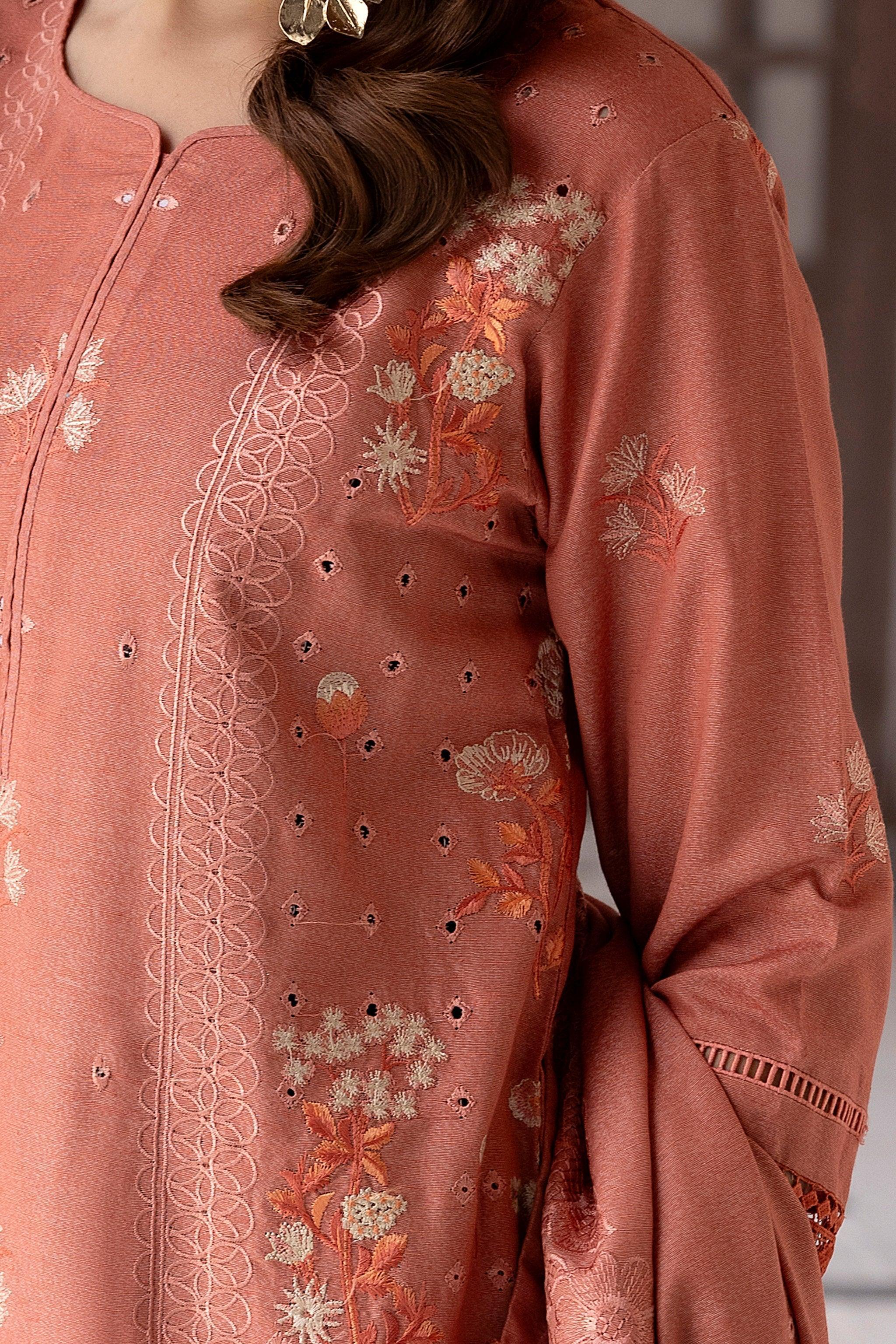 3 Piece Peach Embroidered Karandi Unstitched - SafaNoor