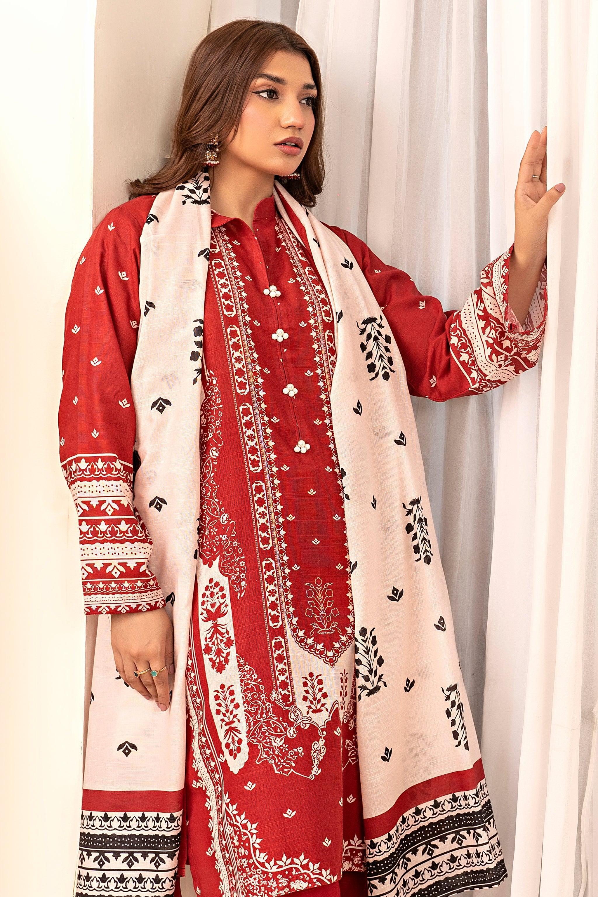 3 Piece Red Khaddar Unstitched - SafaNoor