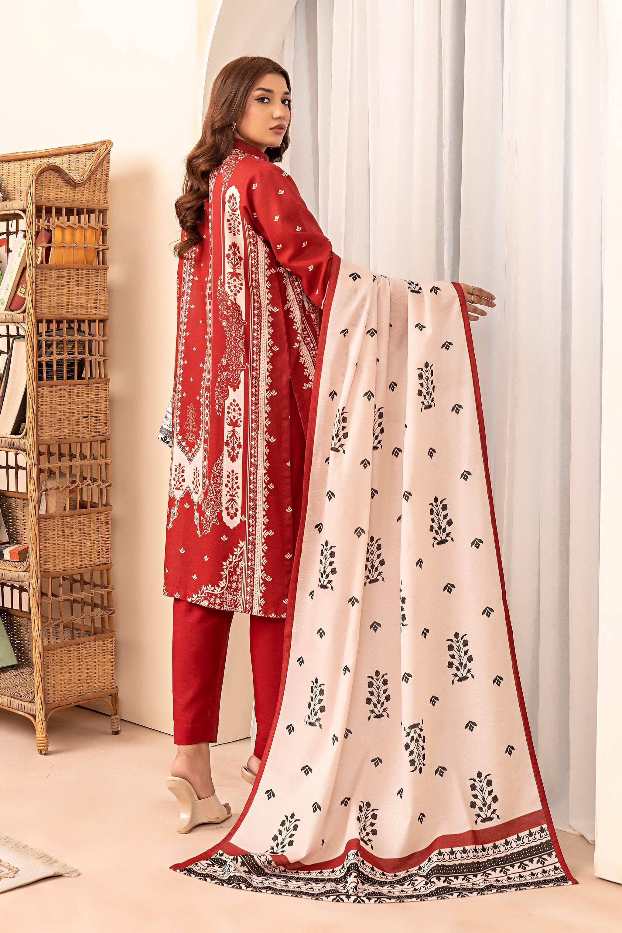 3 Piece Red Khaddar Unstitched - SafaNoor