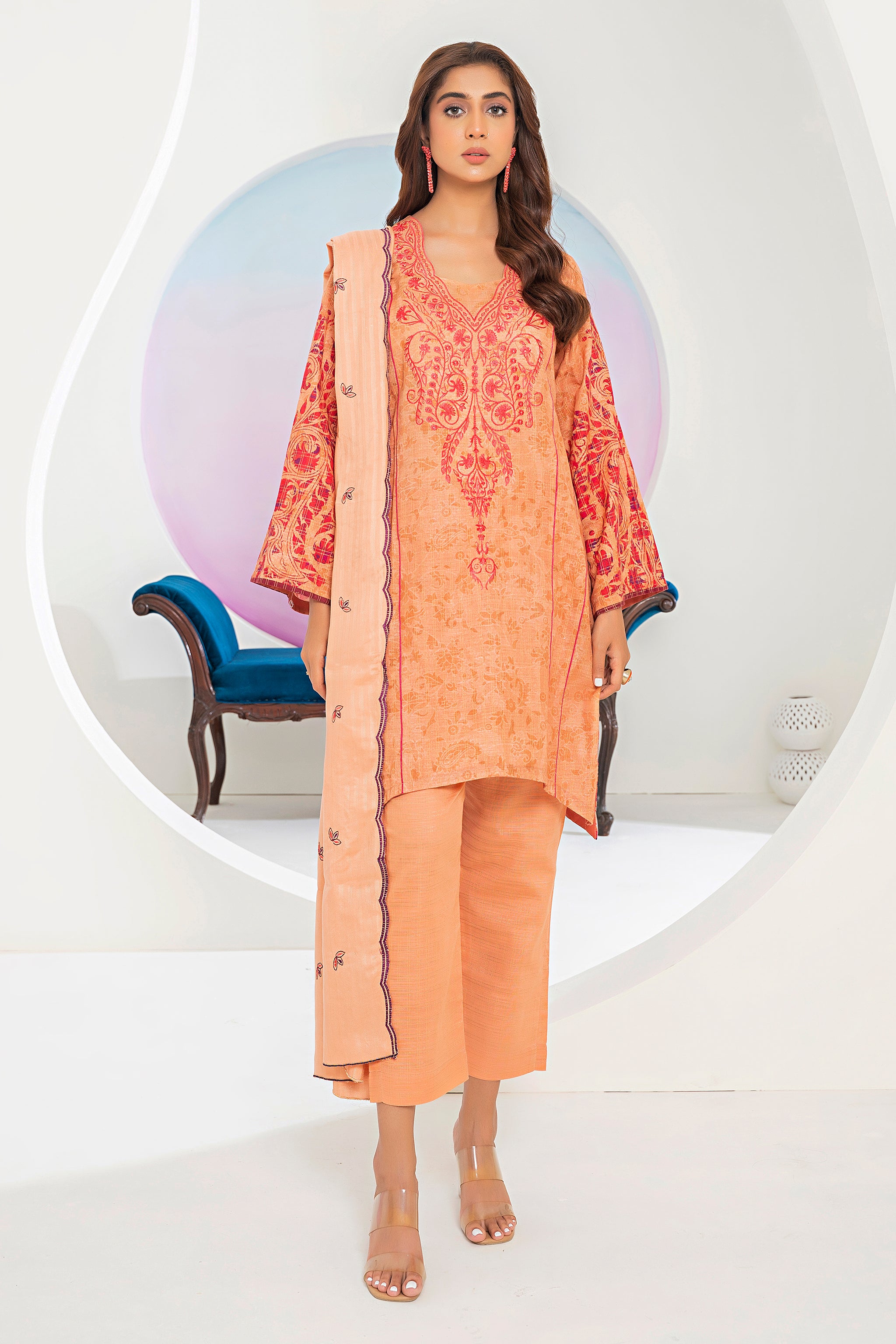 3 Piece Peach Printed Khaddar Unstitched - (Vol-80/12)3P-W-24-D3 - SAFANOOR