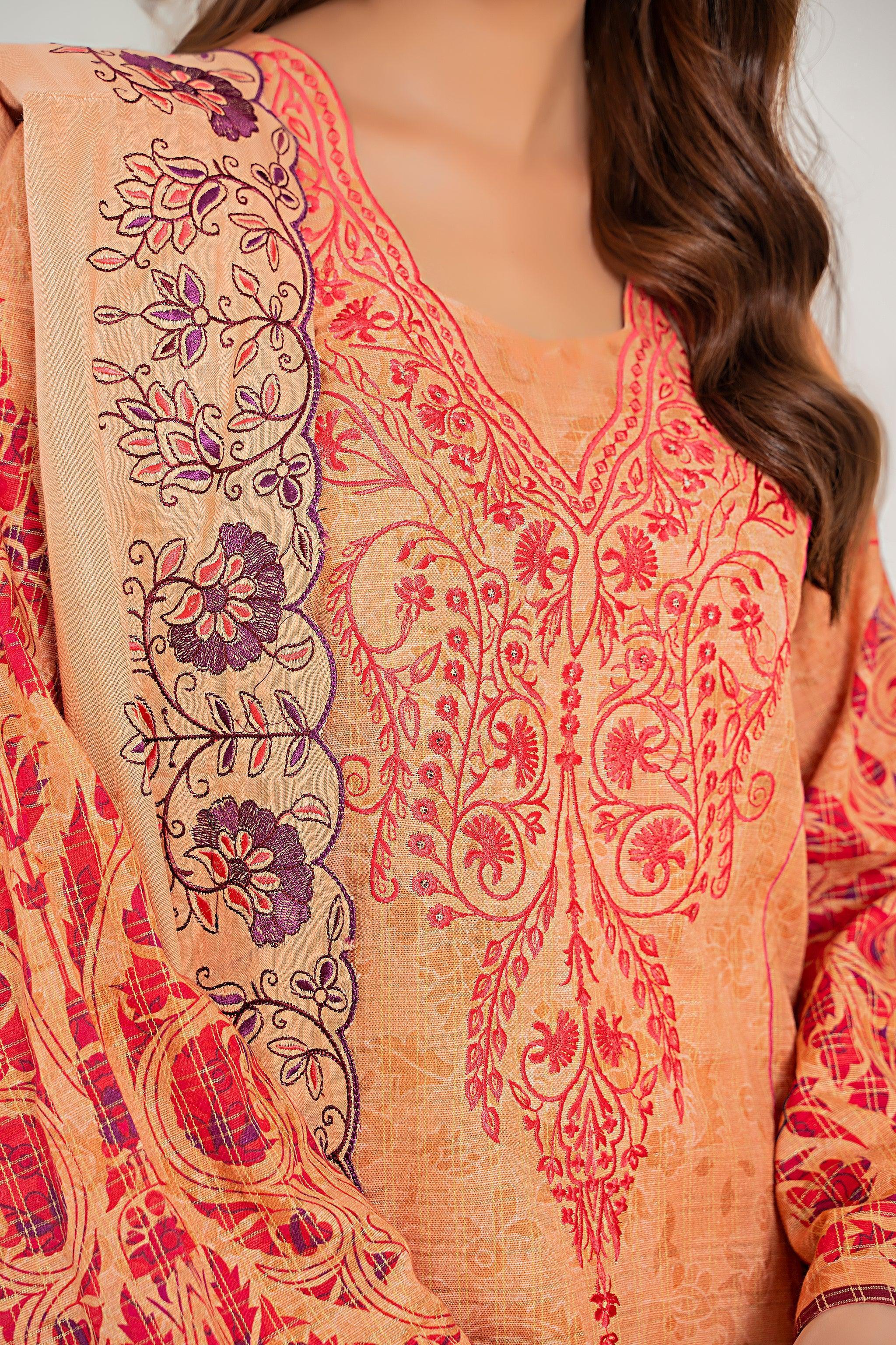 3 Piece Peach Printed Khaddar Unstitched - SafaNoor