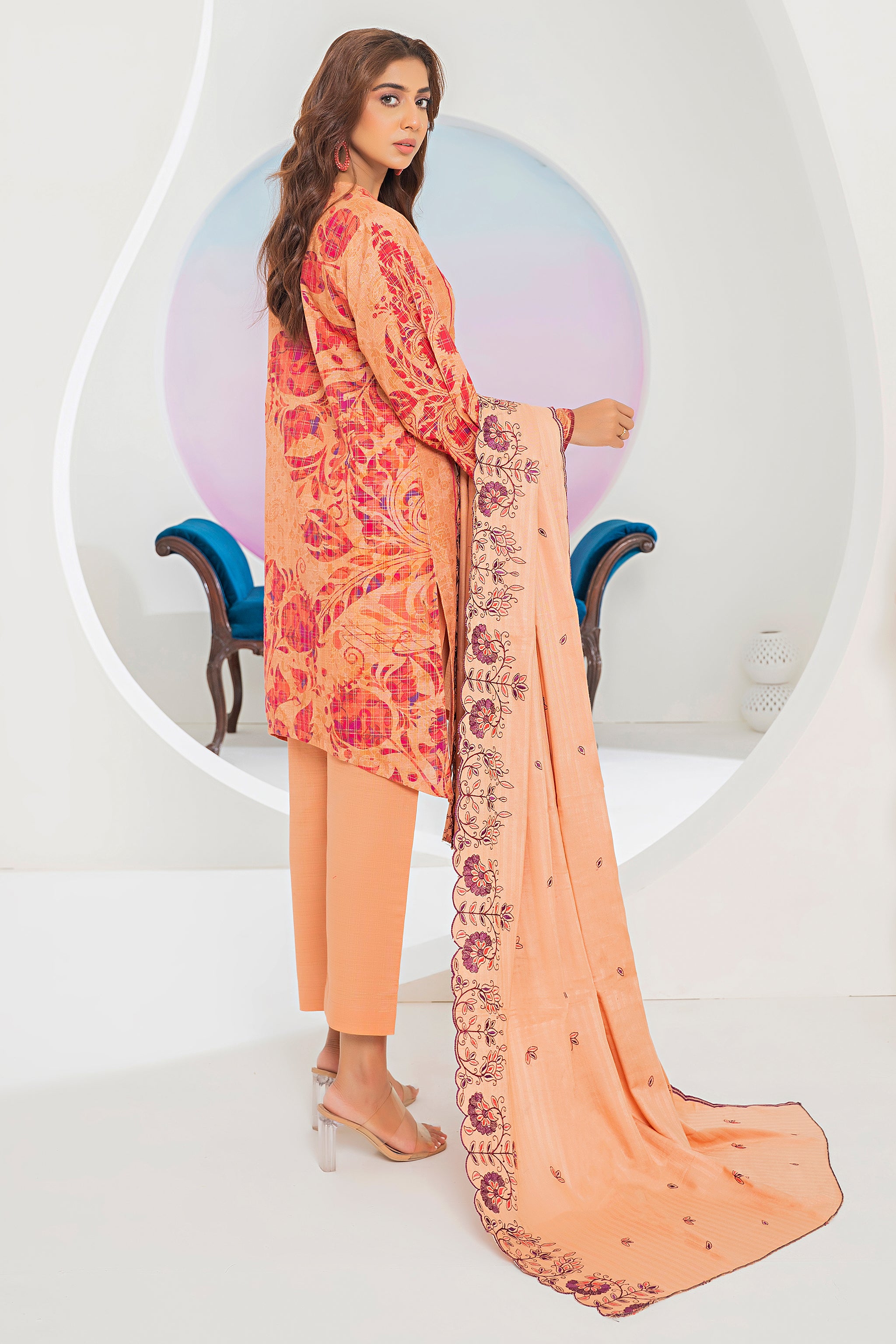 3 Piece Peach Printed Khaddar Unstitched - (Vol-80/12)3P-W-24-D3 - SAFANOOR