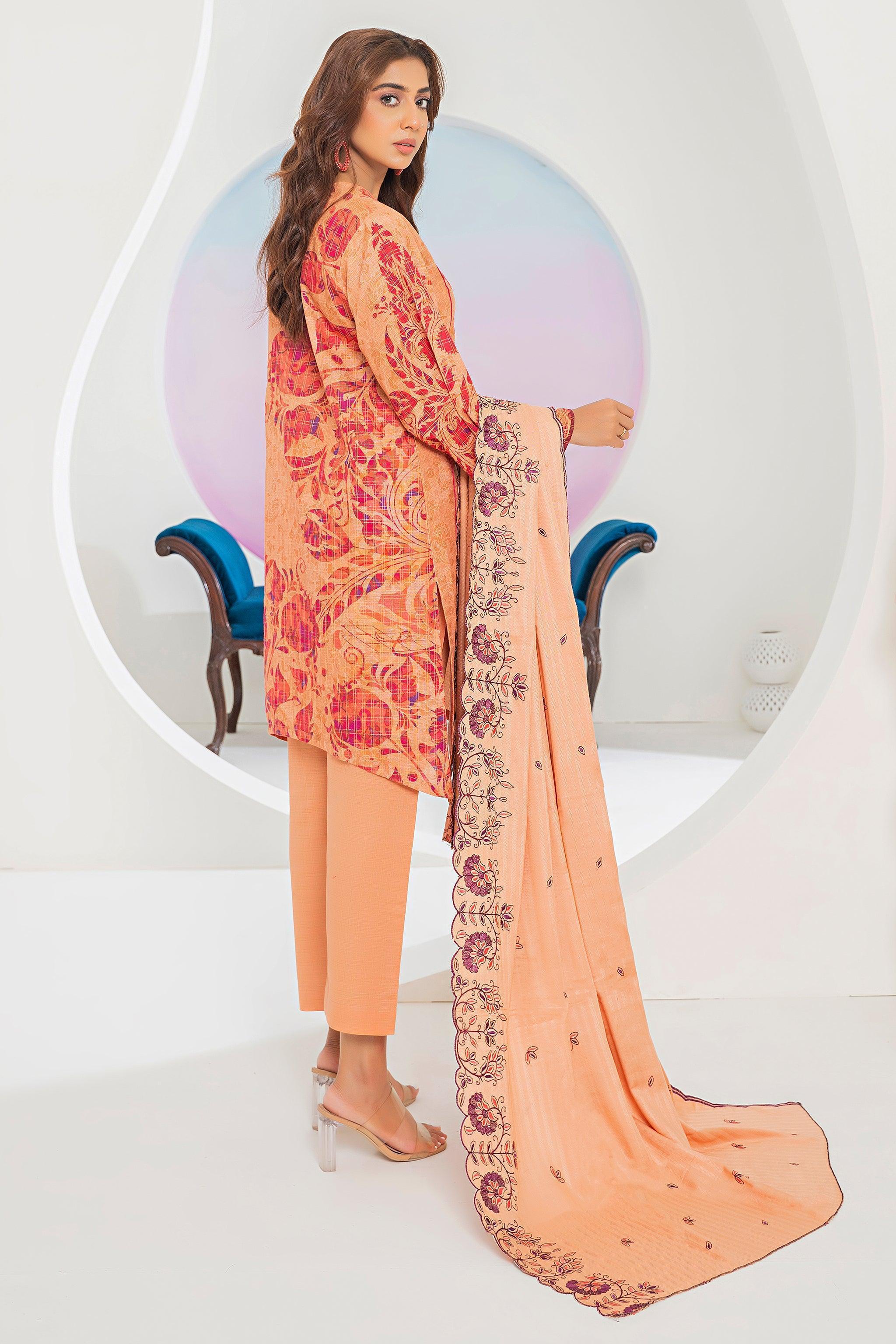 3 Piece Peach Printed Khaddar Unstitched - SafaNoor