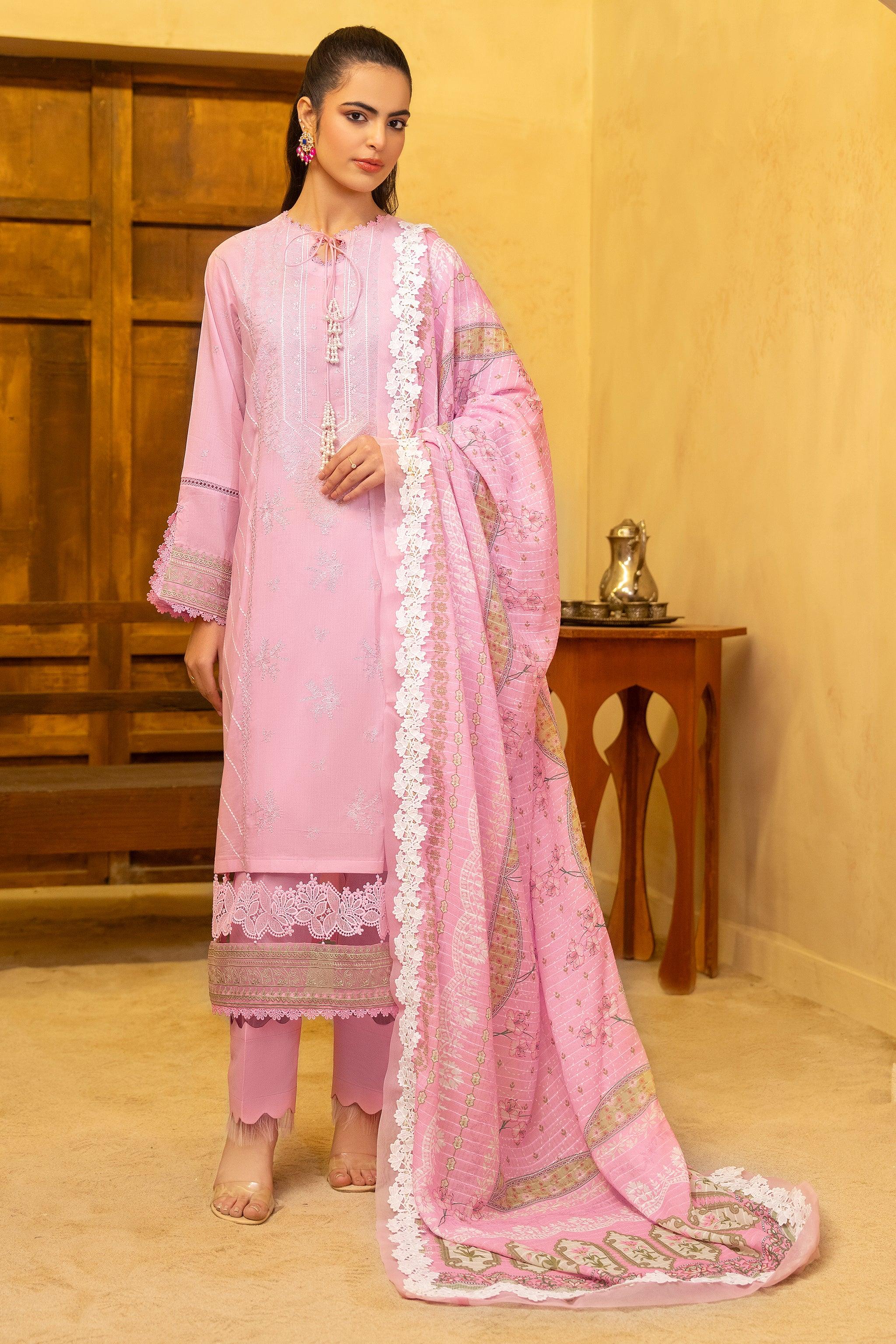 3 Piece Pink Unstitched Embroidered Lawn - SafaNoor