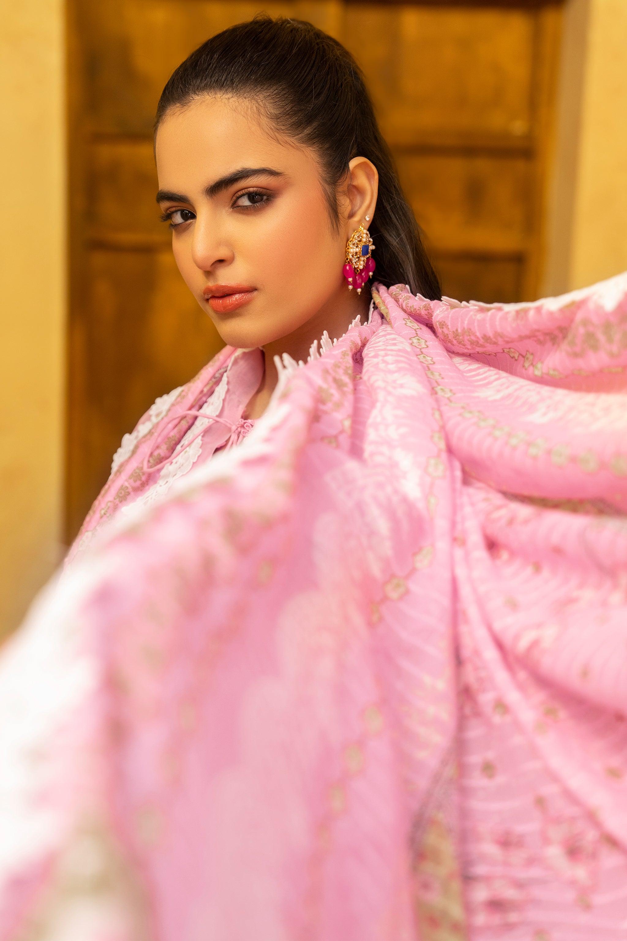 3 Piece Pink Unstitched Embroidered Lawn - SafaNoor