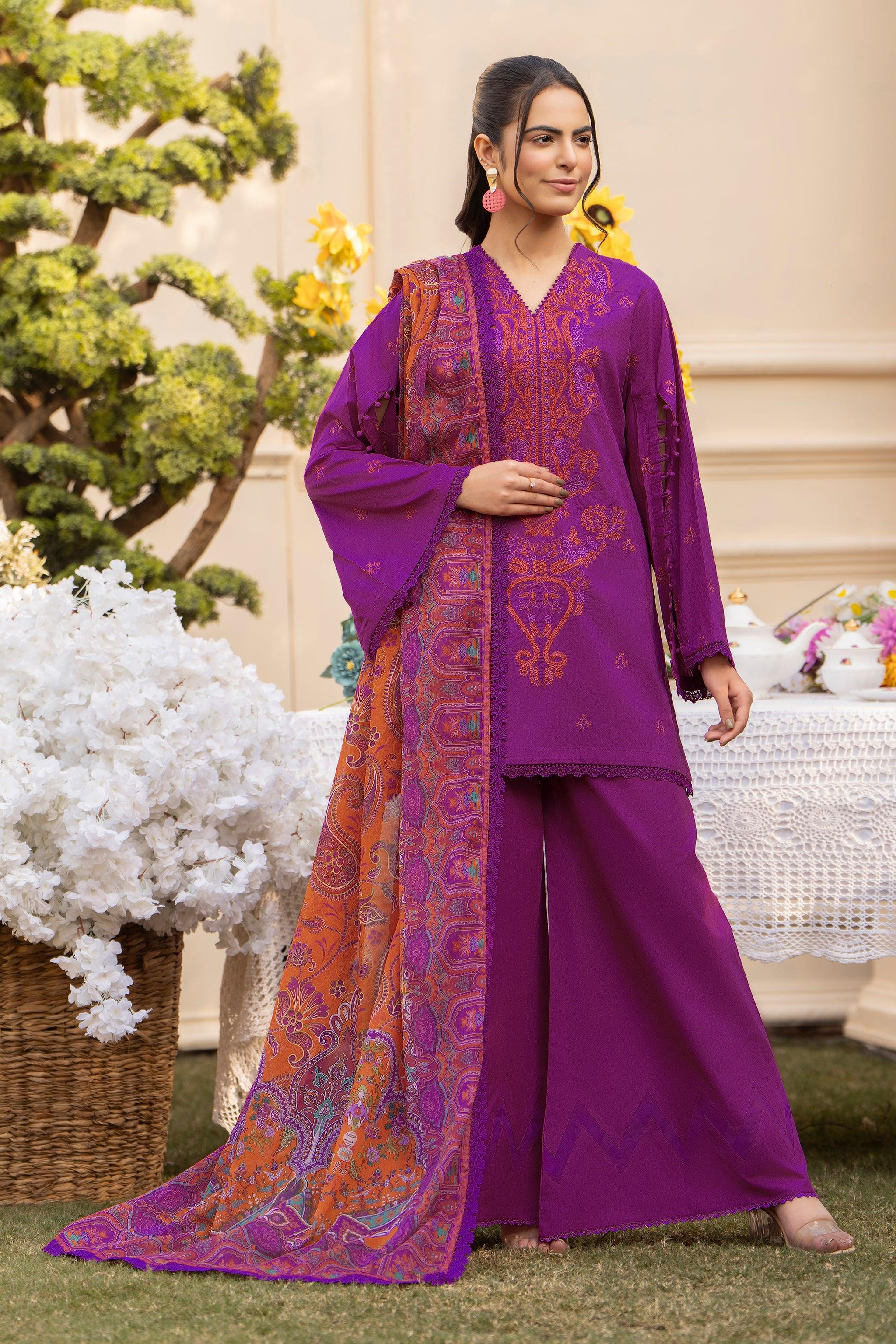 3 Piece Plum Embroidered Lawn Unstitched - SafaNoor