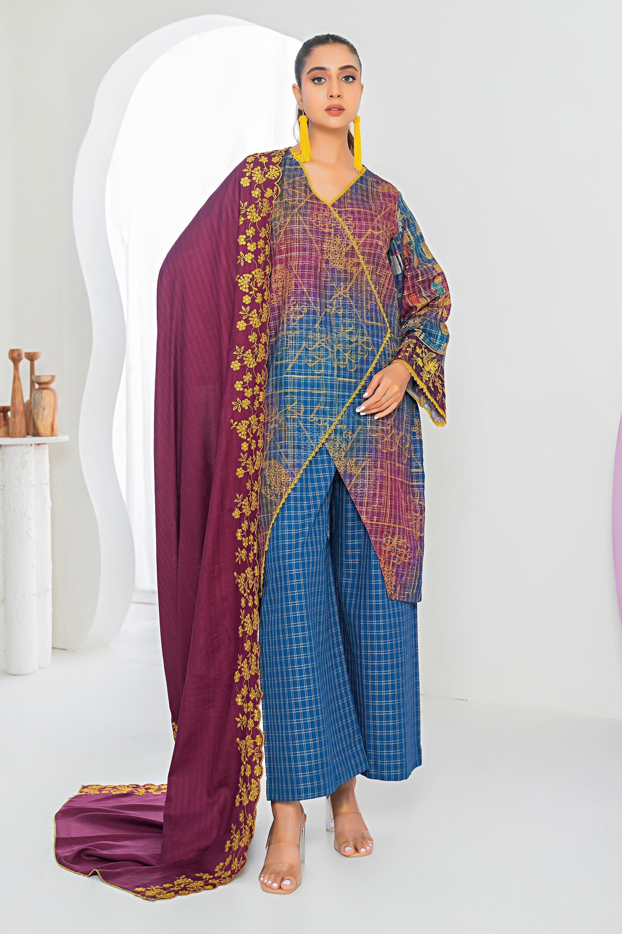 3 Piece Plum Printed Khaddar Unstitched - SafaNoor