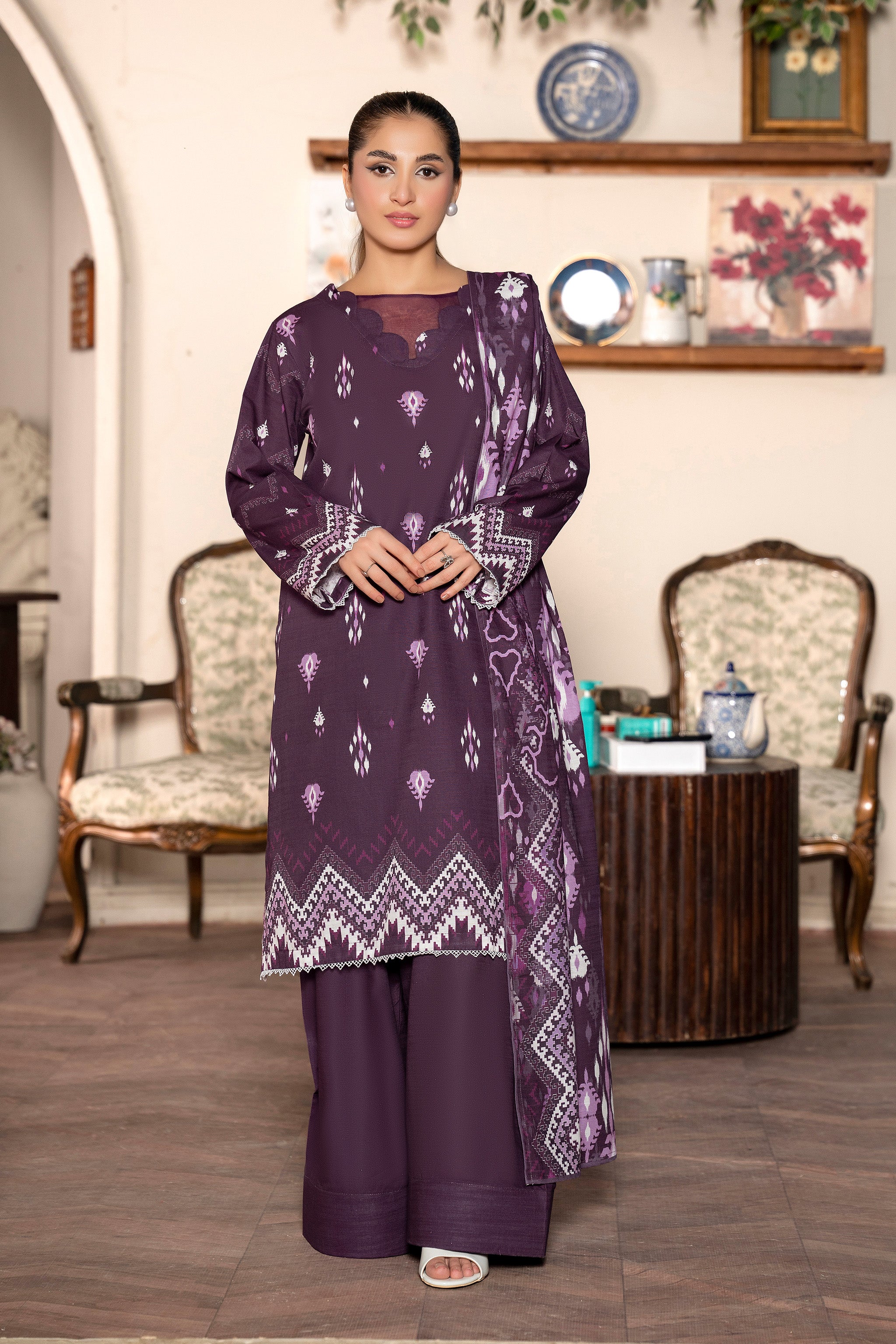 3 Piece Plum Unstitched Printed Khaddar Secondary image