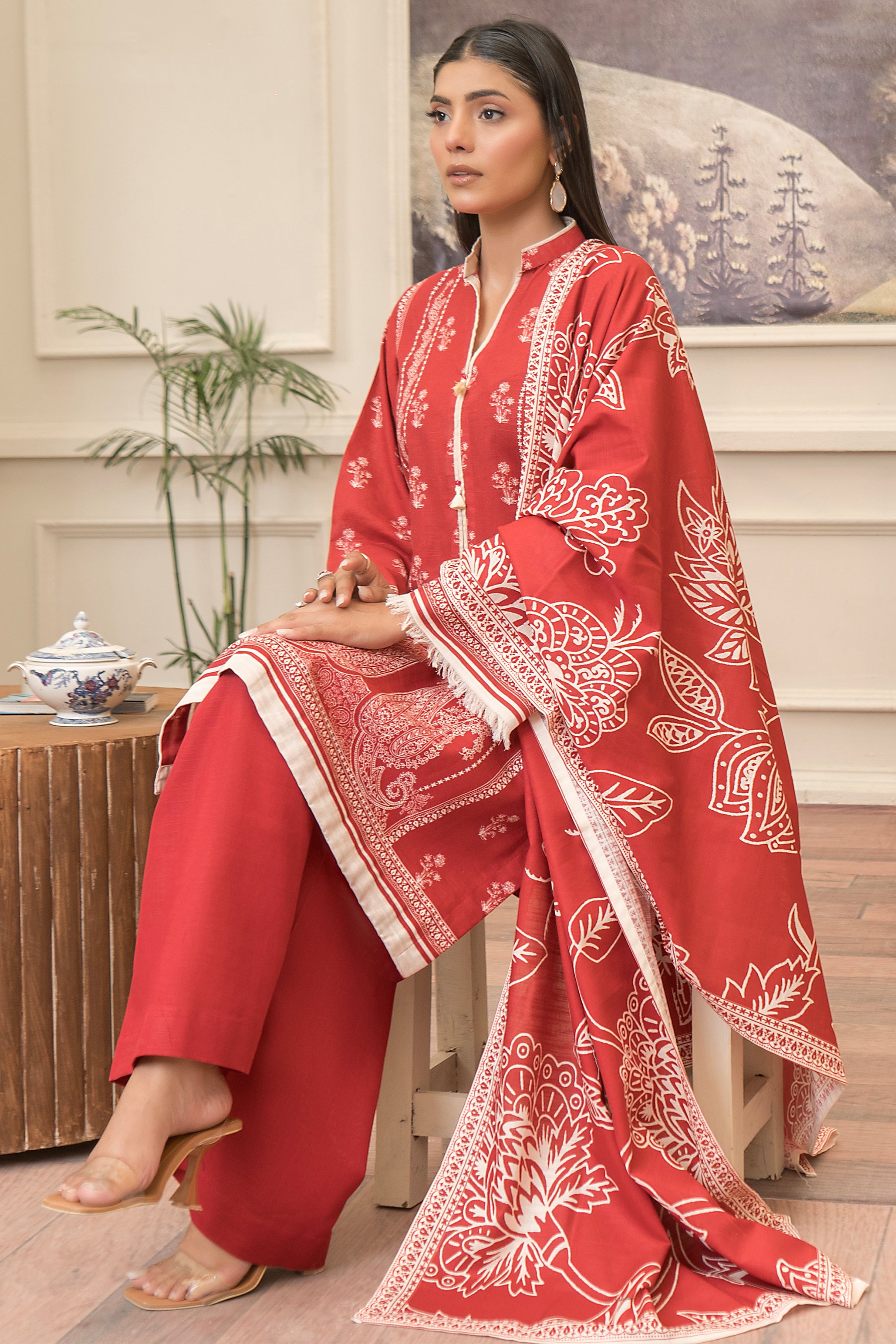 3 Piece Poppy Red Khaddar Unstitched - (Vol-83/12)3P-W-24-D3 -SAFANOOR