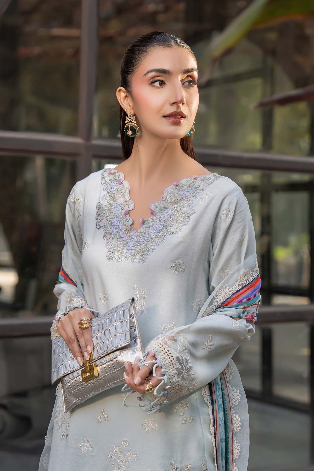 3 Piece Premium Unstitched Light Gray Embroidered Lawn Suit Main image