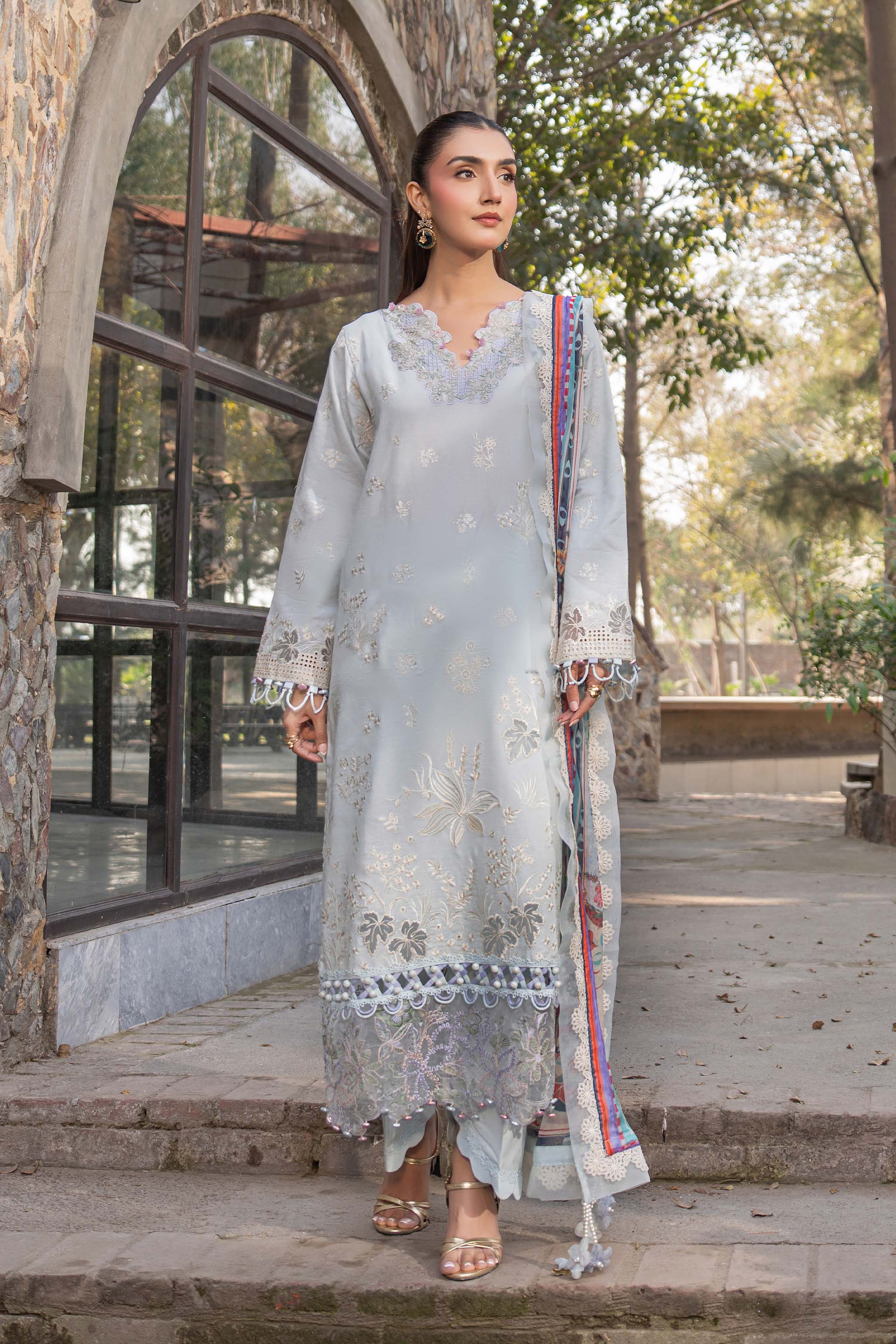 3 Piece Premium Unstitched Light Gray Embroidered Lawn Suit