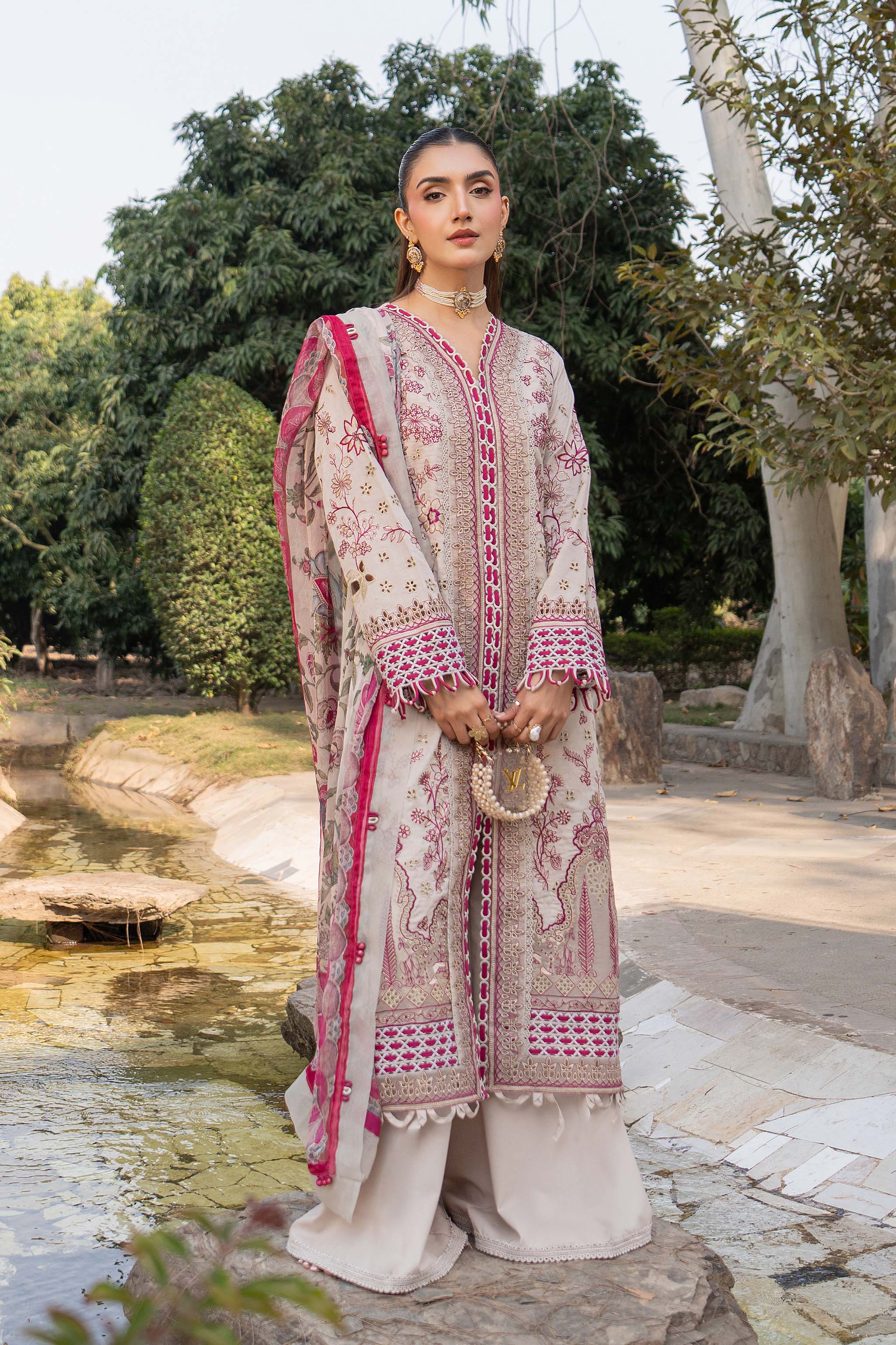 3 Piece Premium Unstitched Pale Silver Embroidered Lawn Suit