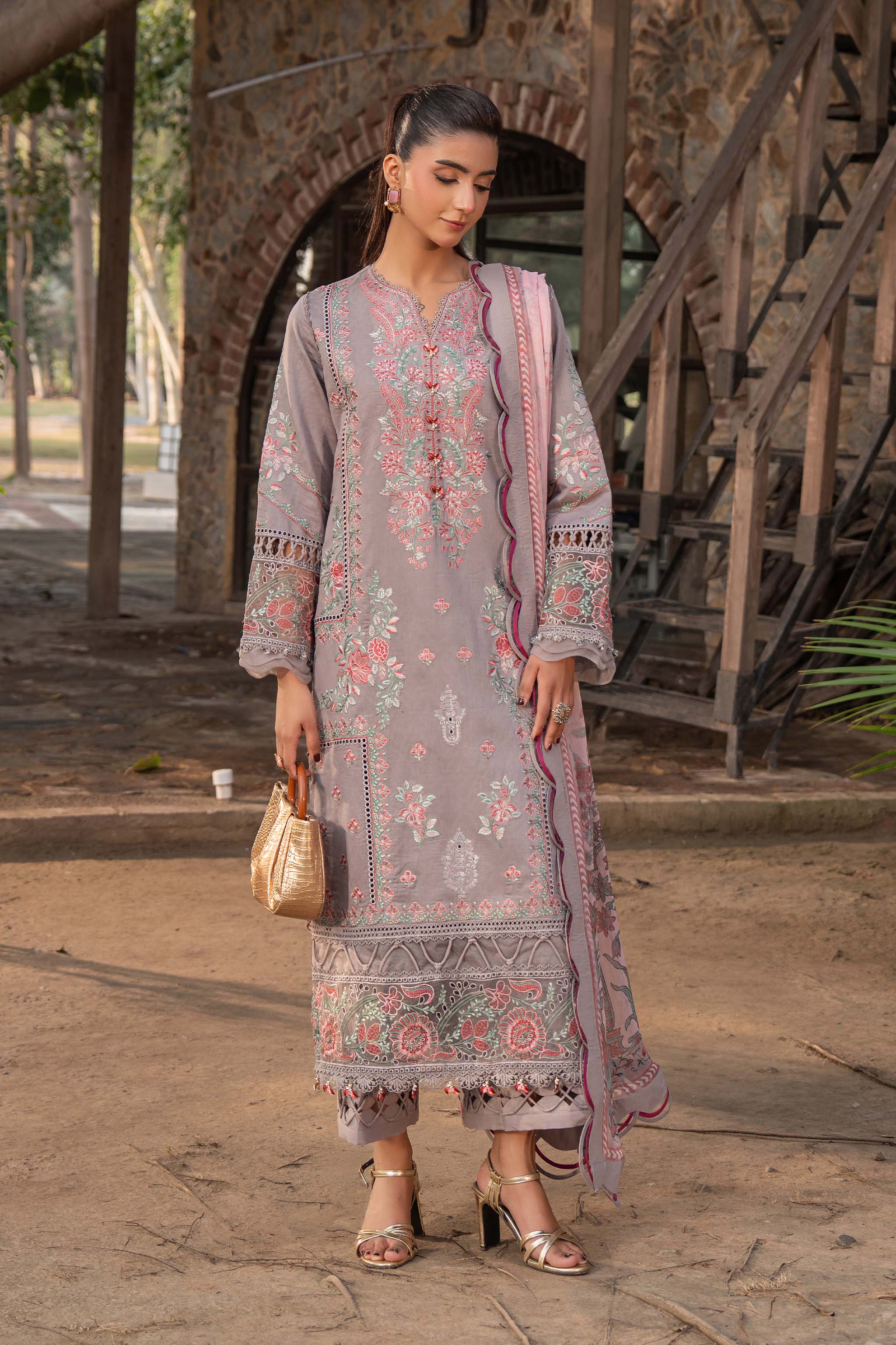 3 Piece Premium Unstitched Rosy Brown Embroidered Lawn Suit Main image