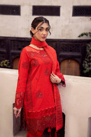 3 Piece Red Embroidered Organza Lawn - SafaNoor