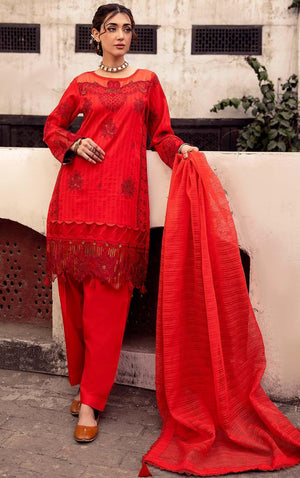 3 Piece Red Embroidered Organza Lawn - SafaNoor