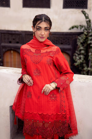 3 Piece Red Embroidered Organza Lawn - SafaNoor