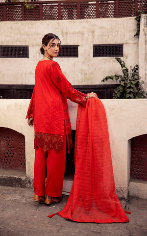 3 Piece Red Embroidered Organza Lawn - SafaNoor