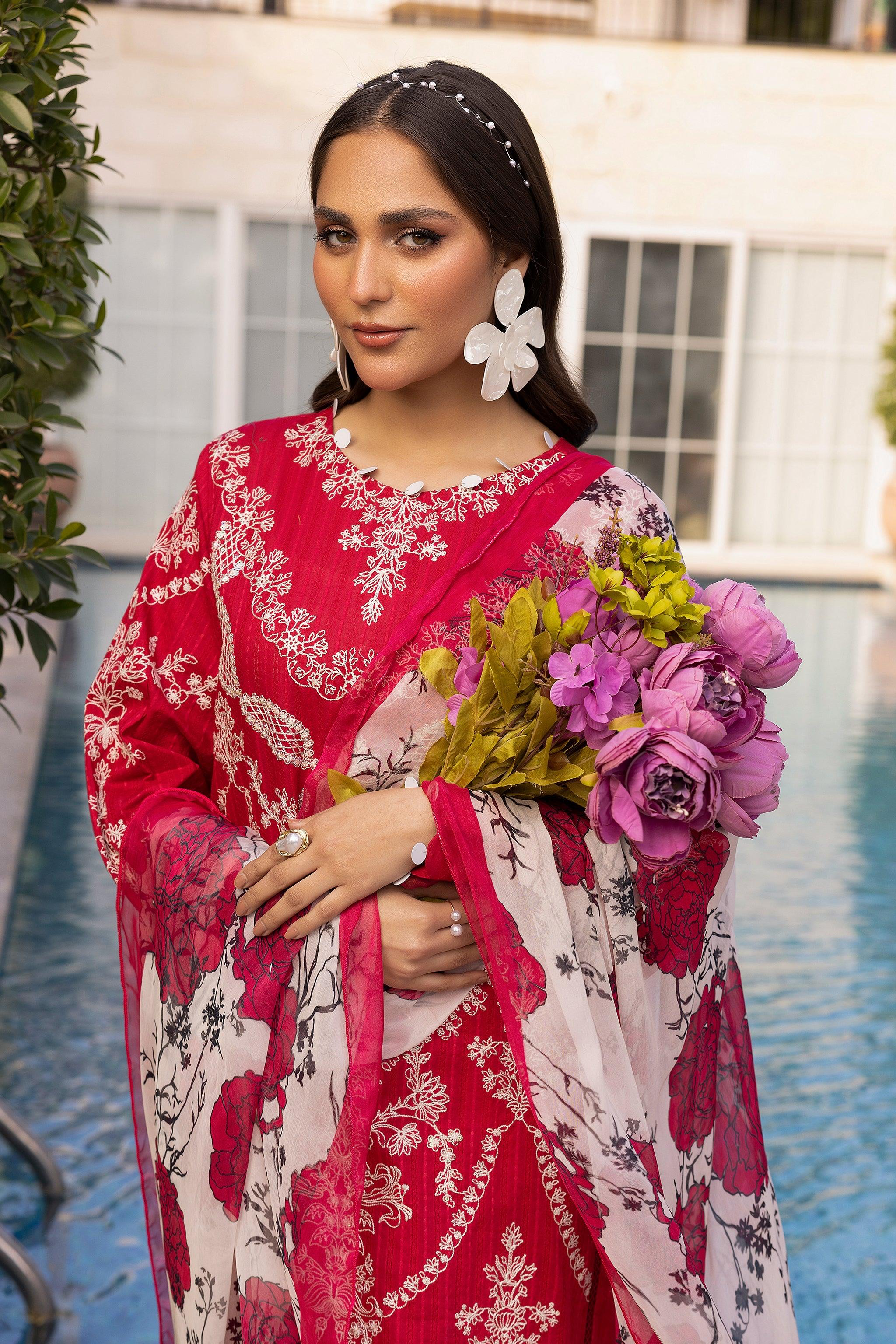 3 Piece Red Unstitched Embroidered Lawn Secondary image