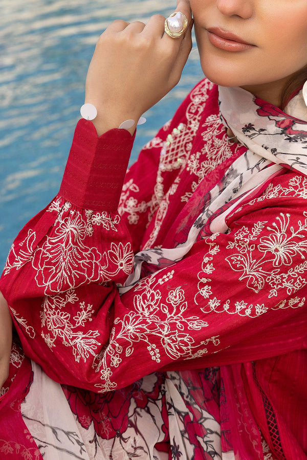 3 Piece Red Unstitched Embroidered Lawn - SafaNoor