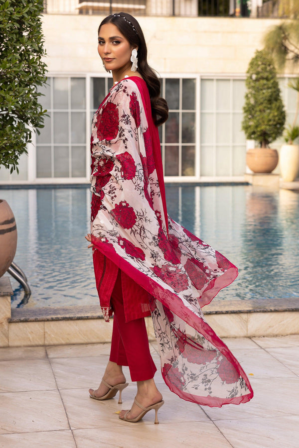 3 Piece Red Unstitched Embroidered Lawn - SafaNoor