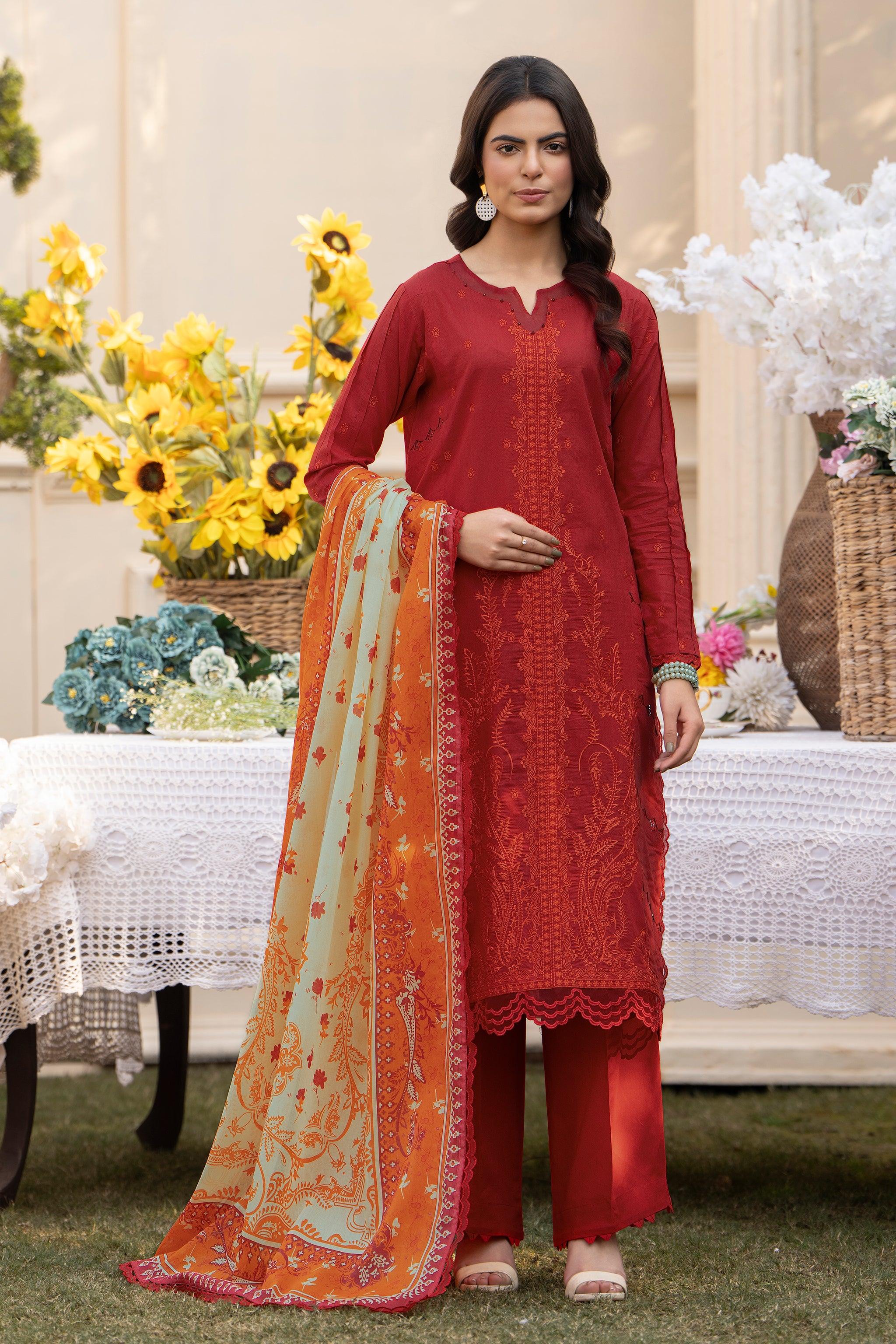 3 Piece Ruby Red Embroidered Lawn Unstitched - SafaNoor