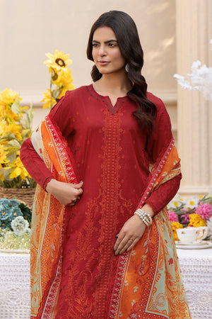 3 Piece Ruby Red Embroidered Lawn Unstitched - SafaNoor